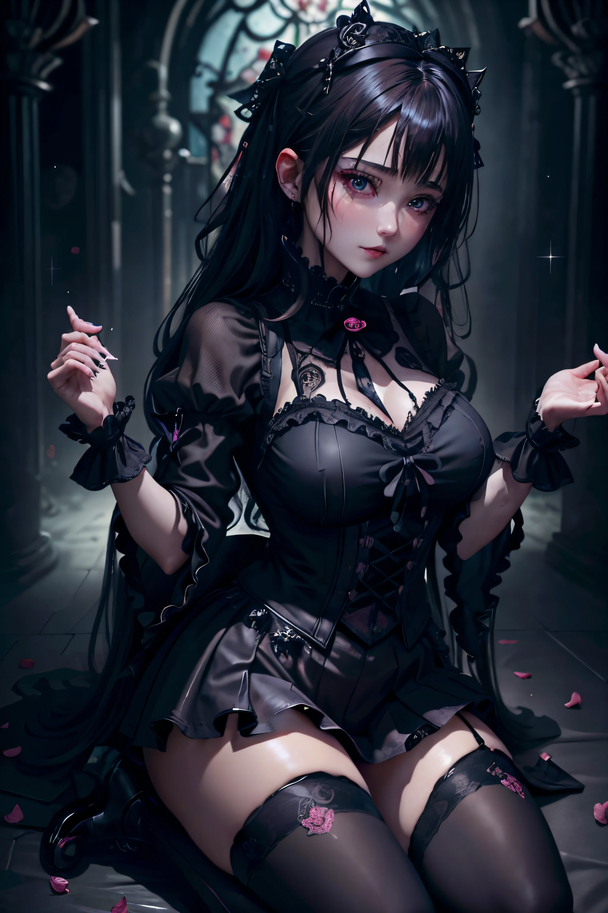 Hard Dark Gothic Makeup、Maniacal、Deep night sky、horor、Black Dark Eyeshadow、crying how bright、mourn、Good skin luster、Dark Gothic Makeup、Dark smile、Restless Palace、Expressions of sexual arousal、Fragrant beauty、22year old、Lying、seductiv、Strong sexual pleasure facial expressions、A look of shame、Dark Gothic、Gothic ta、bell sleeves、Wizard Sleeve、Obscene look、Stained glass background、masutepiece、Best Quality、Refers to 5 books、Sweat glitters on my chest、Expression of sexual pleasure in anguish、Drunken face、maid clothes、Mysterious、noble、Face holding back the toilet、the body is wet and shiny、Transcendent sex appeal、Lots of glitter on the thighs、I'm sweating a lot、Affectionate smile、twin-tail hair、my thighs are so wet、jet black ruffle skirt、right blue eye, left eye is red、Gothic bed covered with roses、Transcendent Bewitching Pose、stick out buttocks、knee high socks、thigh-high socks、A lot of sweat and stickiness on the thighs、Plenty of plump, shiny thighs、Sweat shining generously on the thighs、The whole body is shiny with sweat、platform heel shoes、Quite sweaty、My thighs are sweaty、heavy make up、breast size modest、black lipstick、stain glass、black metal world、sloppily open your legs、Beautifying the world、sit on a bed of roses、Goth lolithes、put your hair up、a little slender、super dark pink hair、Long hair straight hair、cute gothic lolita d、美丽的面容、Elegant face、Bewitching look、