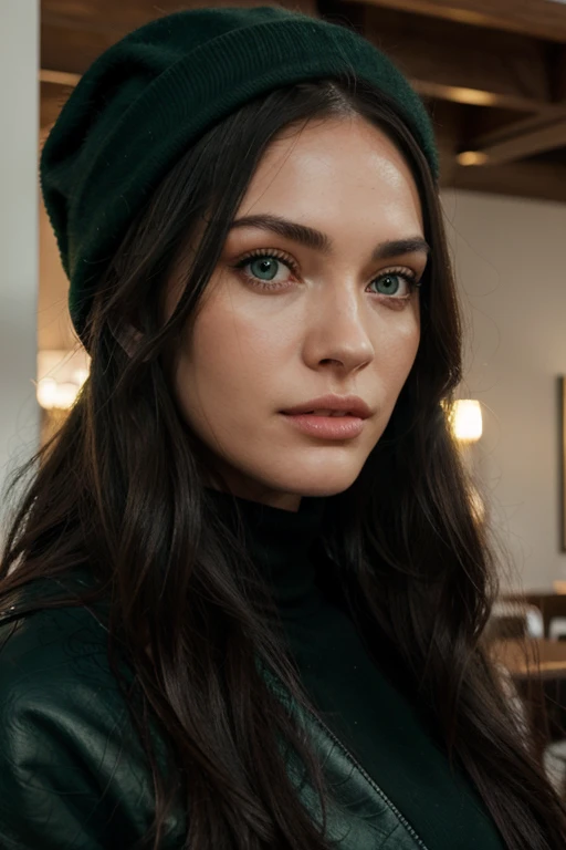 a woman with long black hair and green eyes in the restaurant wearing long coat and beanie, with green eyes, with stunning green eyes, keine Falten, Modelgesicht wie Megan Fox, Ultrarealistische digitale Malerei, Hyperrealistische digitale Malerei, Ultrarealistische digitale Kunst, Hyperrealistische digitale Malerei, Ultrarealistische digitale Kunst, with deep green eyes, Ultrarealistische digitale Kunst, with green eyes, Genau, ultrarealistische Gesichter, Realistische digitale Malerei, mit schwarzbraunen Haaren, definierte Gesichtsturktur, texturierte Haut, spitzes Kinn, hohe Wangenknochen, feine Nase, Clubszene