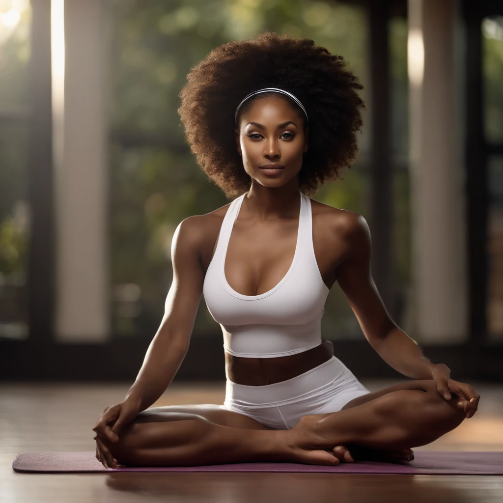 ((Dark African skin, Very deep ebony skin)), ((Its beauty undeniable)), ((Excited cute face)), ((Hyper detailed perfect eyes,)), ((pose mignonne)), ((Langue sortie)), ((Seductive )), sexy, (( tight yoga clothes)), ((Afro ponytail with long African curly hair,)), (( peau)), ((debout, vue de face)), ((toucher ses propres jambes dans une pose sexy)), ((yoga, sportschool)), Sharp Focus CGI, photoreallistic, High detail, Realstic, Masterpiece, absurdes, Best quality, Hdr, High quality, high-definition, Extremely detailed, 8k wallpaper, Intricate details, 8K UHD, Full-HD, (photo realist:1.2), contraste, intense illumination, lighting cinematic, natural lighting, veilleuse, Nuit, Illumination globale, Ambient occlusion at the gym, a la piscine African women、Female sexy、a smile、yoga clothes in the gym、yoga, sodden、maikurobikini、yoga pose、gazing at viewer、training gym, atlete, practice yoga, exercise