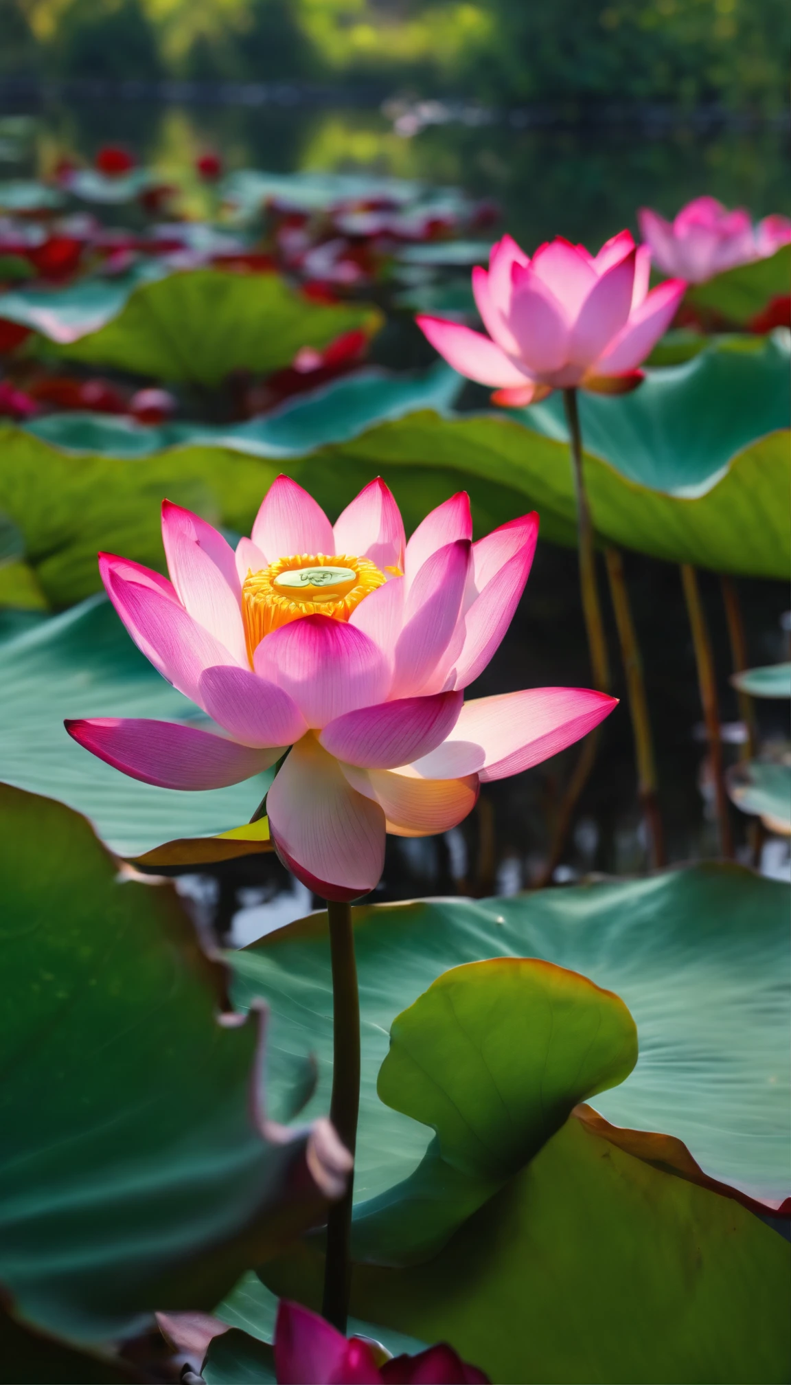 Masterpiece, exquisite, beautiful scenery deep in the lotus pond, (colourful, vivid, sunny, cool light: 1.2) lotus leaves in the pond. high quality high quality