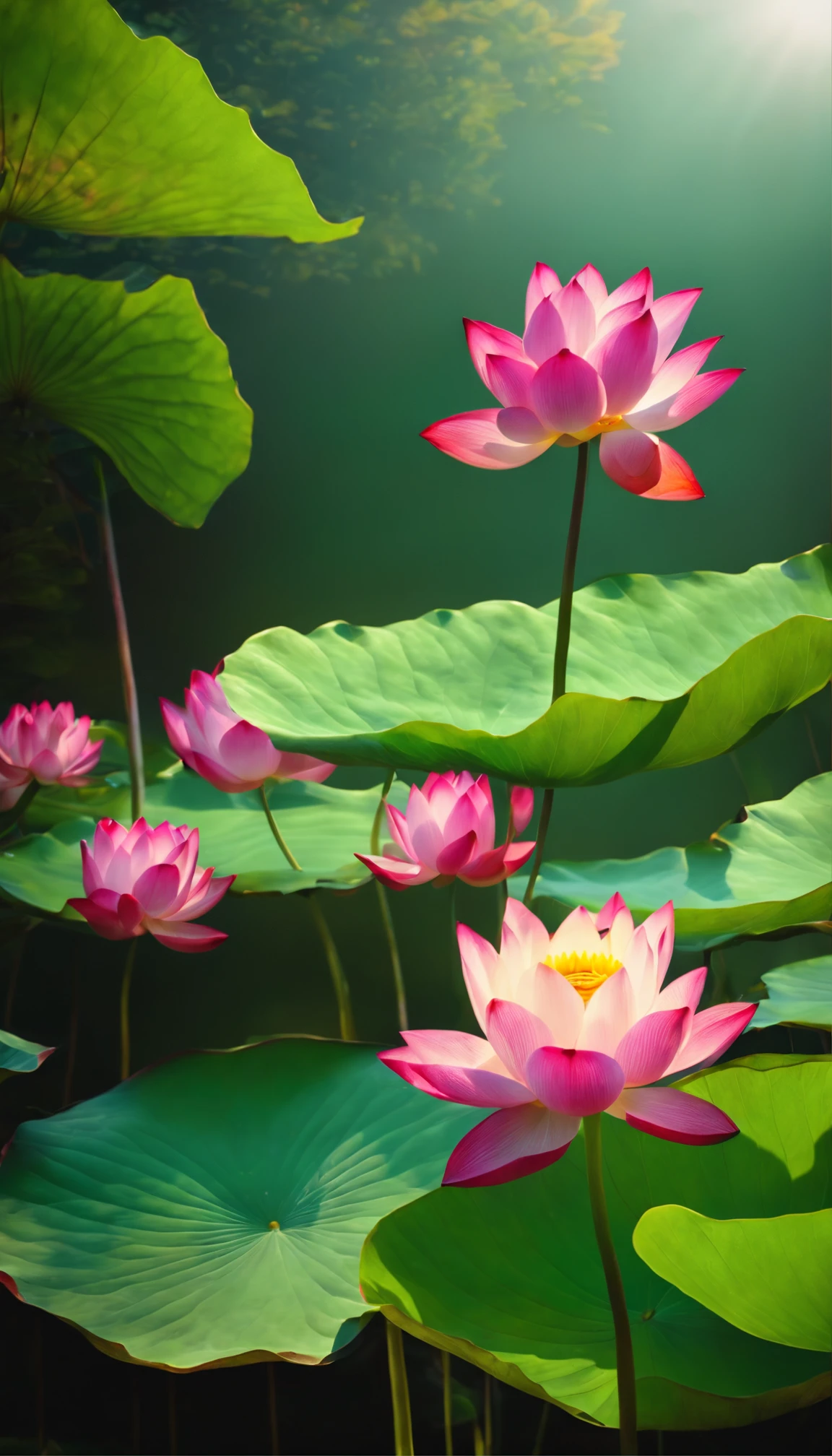 Masterpiece, exquisite, beautiful scenery deep in the lotus pond, (colourful, vivid, sunny, cool light: 1.2) lotus leaves in the pond. high quality high quality