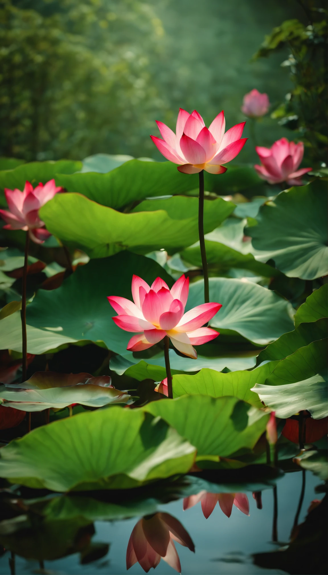 Masterpiece, exquisite, beautiful scenery deep in the lotus pond, (colourful, vivid, sunny, cool light: 1.2) lotus leaves in the pond. high quality high quality