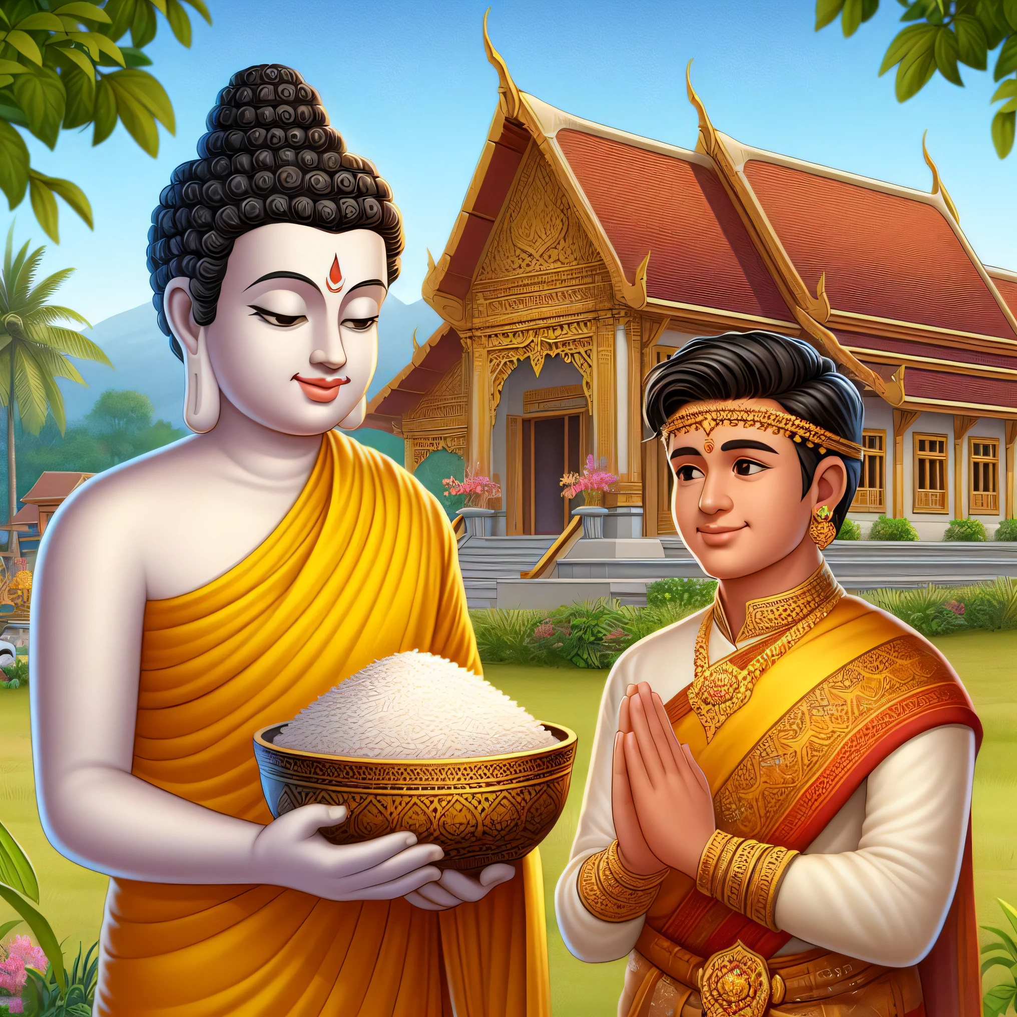 a painting of a man and a woman holding rice in front of a building, thailand art, vietnamese temple scene, buddhism, temple background, buddhist temple, nivanh chanthara, buddhist art, thai temple, amazing depth, monk's robe, buddhist, avatar image, tithi luadthong, monk clothes, thawan duchanee