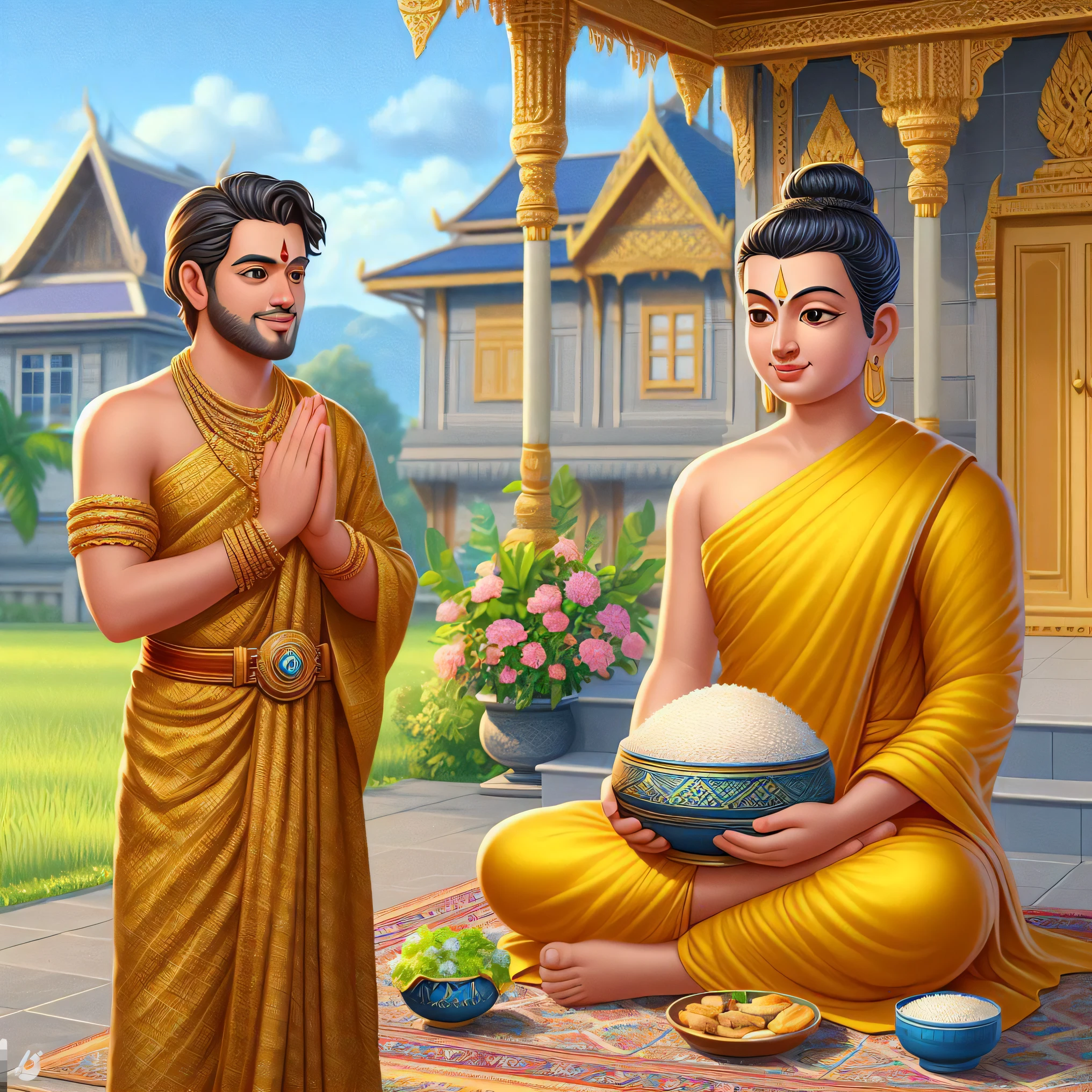 a couple of people sitting on a rug in front of a building, buddhism, thailand art, temple background, buddhist, tithi luadthong, nivanh chanthara, buddhist art, dharma artifacts, monk clothes, hindu aesthetic, patiphan sottiwilaiphong, profile picture 1024px, vietnamese temple scene, avatar image