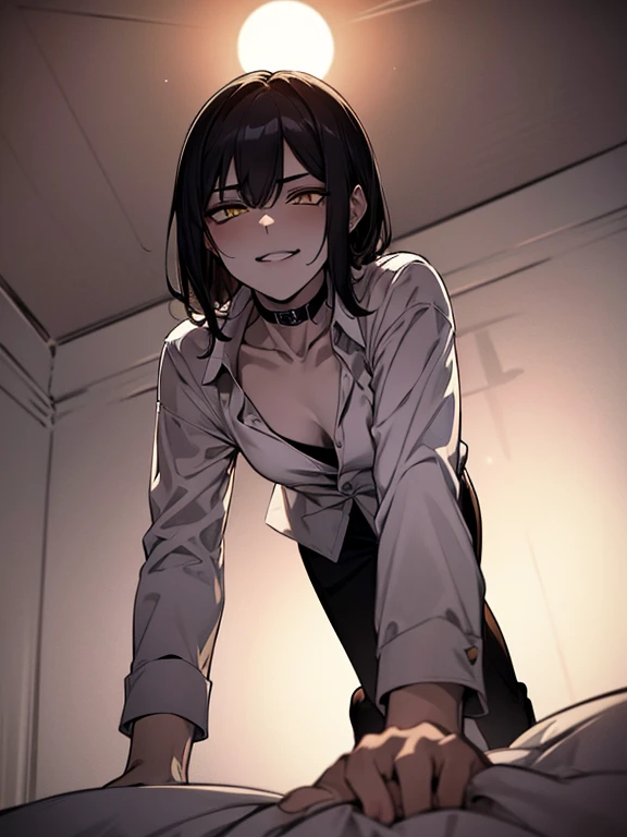 (1 Boy), solo, dark hair, (white shirt), black slacks, on sheets, Long Sleeve Shirts, kneeling, seiza, cool, (sexy:1.3), Fascinating, (evil smile), seductive smile, [open mouth], {lick one's lips}, (parted lips),collarbone, (shoot from below), (from below:2), sunset,(open collar), tsurime, squinting, temptation, Yellow eyes, (background: on bed in bedroom), high quality, high resolution, masterpiece,