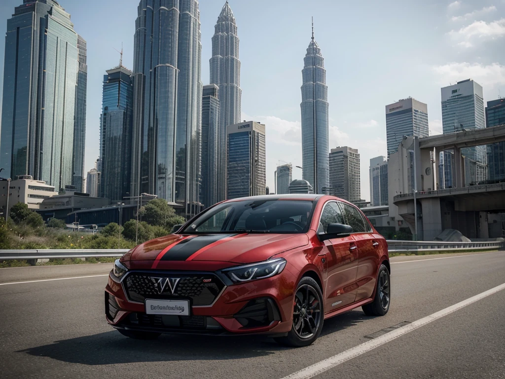 (Best quality, 8k, Masterpiece :1.2), hyper realistic, at a mountain, an detailed new modern matelic red Proton sedan with (stripe colour black,white,red,green), Plat number "FAZROY", on the highway, (Facing the audience), The blue Petronas Twin Tower skyscraper in the background, at daylight.