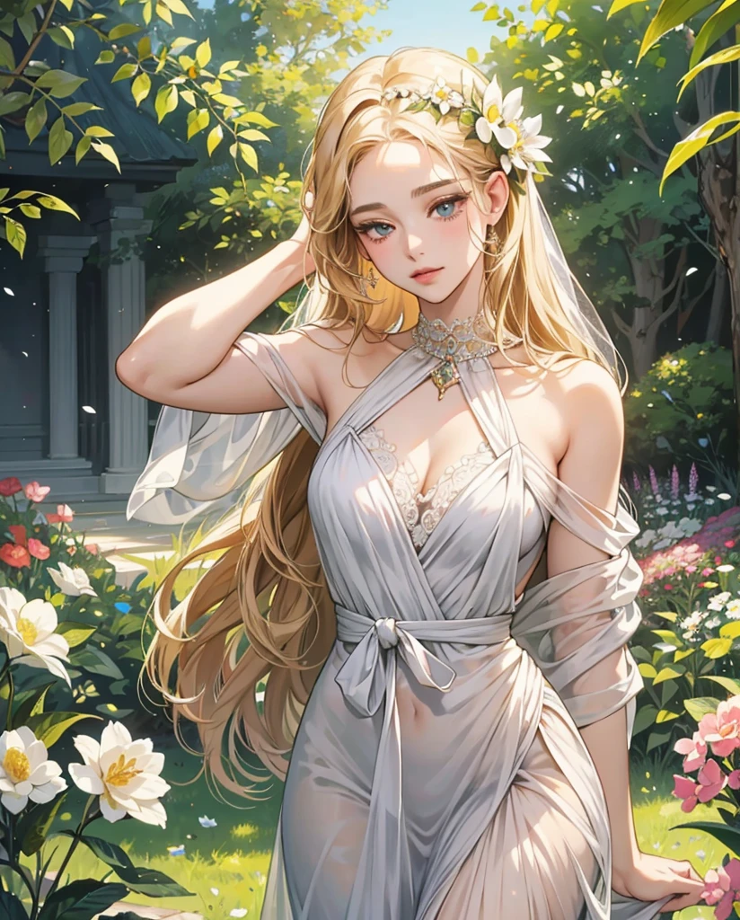 (beautiful, extremely detailed, realistic) Aphrodite-like girls, with meticulously crafted facial features, such as beautiful detailed eyes, delicate noses, and captivating lips, gracefully positioned within an exquisite garden scene. The girls radiate an ethereal charm with their flowing hair and gentle smiles. The garden is bathed in warm sunlight, illuminating the vibrant colors of the blooming flowers and lush greenery. The atmosphere is tranquil and serene, creating a sense of tranquility and beauty. The girls' skin appears flawless and luminous, with a soft and delicate texture. The painting itself is a (masterpiece, high-quality) work of art, showcasing the artist's skillful brushwork and attention to detail. The brushstrokes are precise and refined, capturing the essence of the Aphrodite-like girls and the enchanting garden surroundings. The colors are rich and vibrant, enhancing the overall realism of the artwork. The image quality is of the highest standard, with ultra-detailed features and a photorealistic rendering. Light softly diffuses throughout the scene, casting a gentle glow on the girls' faces and adding depth to the painting. The composition and perspective are carefully arranged, creating a harmonious balance and a captivating visual impact. The girls embody elegance and grace, evoking a sense of awe and admiration in the viewers. The artwork exudes a timeless beauty, showcasing the allure of Aphrodite-like figures in a masterful painting.