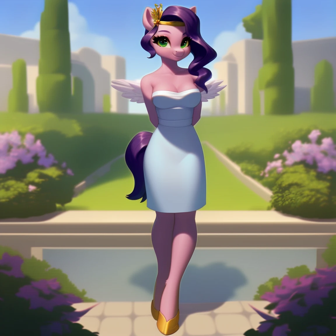 (score_9), (source_pony), (solo), (pegasus), ((anthro pipp petals :1.1)), (strapless dress, sexy, smiling, , long hair, anatomically correct, night garden, standing near fountain, medium breasts, full body, anime art style, solo, light purple fur, green eyes, arms behind back,