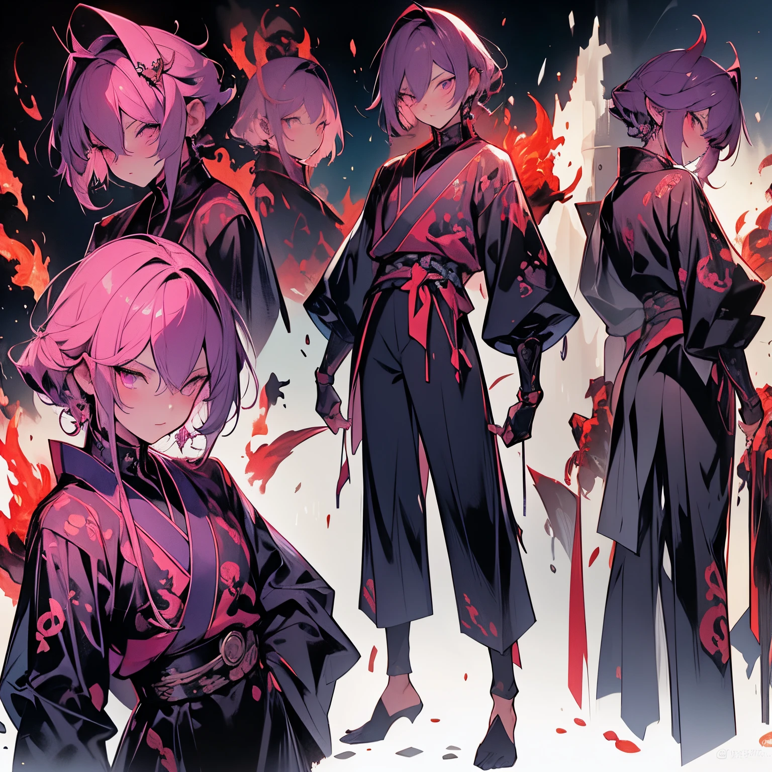 Anime boy head with cyborg body in a whole body fighting samurai pose back view, with purple aura dark fire. Dark background with some explosions.