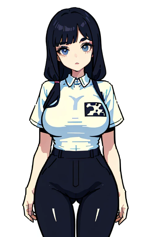 The beautiful, tmasterpiece, Best quality at best, Extremely detailed face, perfect litthing, 1个Giant Breast Girl, Alone, Giovanna MS, cow boy shot, white shirt, Black pants, sitted,