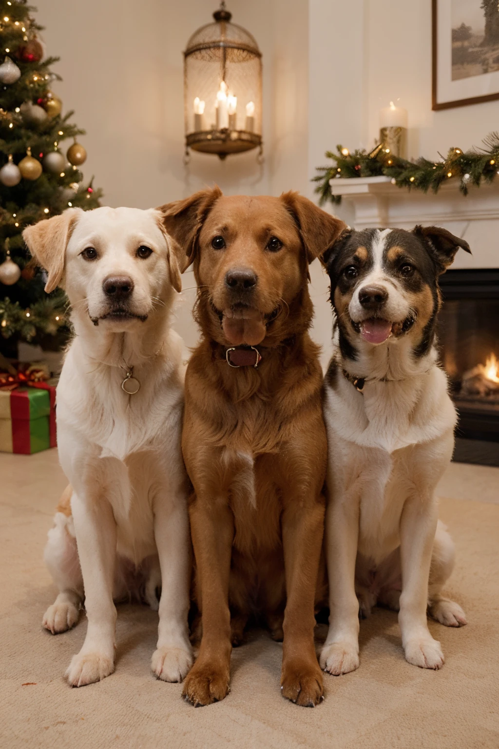 Sala con chimenea, A Christmas tree, tres perros Golden retriever