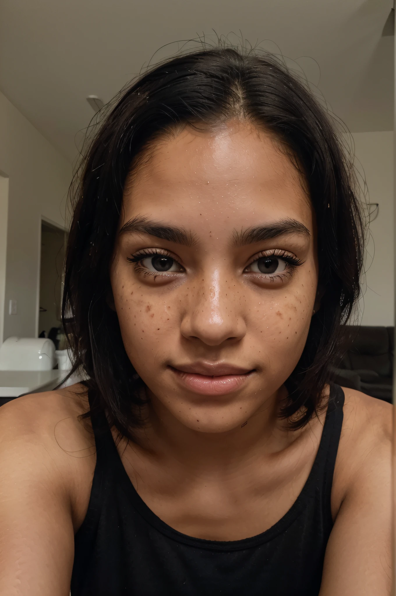 (amateur 1.2), amateur camera selfie of 19 years old light black female, black hair, low exposure, low lighting, unprofessional natural lighting, realistic lighting, dark light, low light, light black female with very low freckles on her face and black eyes with hyper realistic eye lashes, hyper realistic skin all over her, beautiful face, detailed face, image noise, low visible impurities, very low slight freckles, detailed black skin texture, low detailed skin pores, low impurities on the face, details eyes, eyebrow details showing each individual hair, very minimal and slight redness and imperfections around eye lids, low quality lighting, no light on, selfie, black tank top, huge tits, slightly smiling looking sexy, realistic skin, medium messy hair, light black skin american, medium hair, neutral face, low freckles, normal black eyes, little spots, little acne, wearing black t-shirt, inside modern living room, 2 feet from camera in different positions