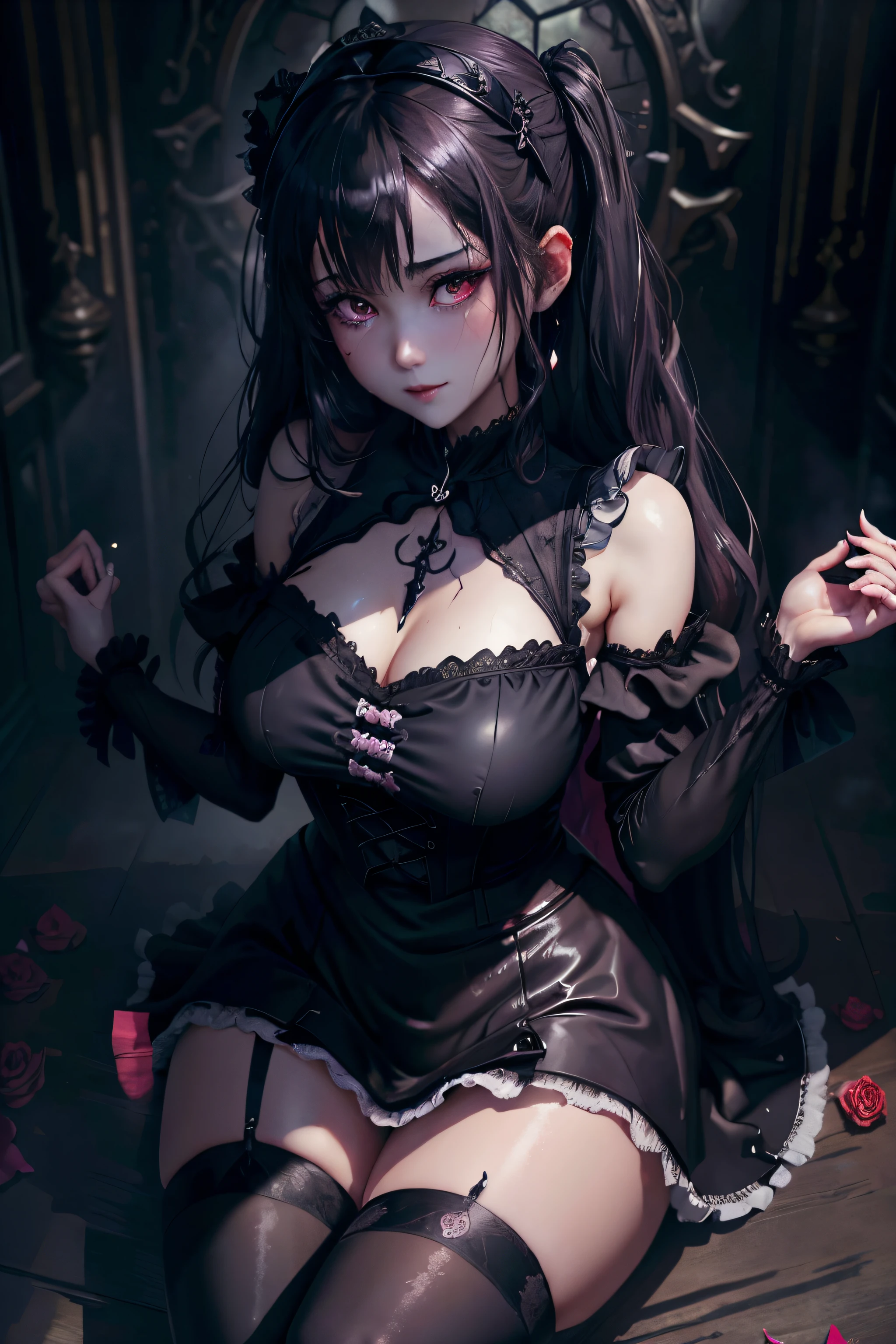 Hard Dark Gothic Makeup、Maniacal、Deep night sky、horor、Black Dark Eyeshadow、crying how bright、mourn、Good skin luster、Dark Gothic Makeup、Dark smile、Restless Palace、Expressions of sexual arousal、Fragrant beauty、22year old、Lying、seductiv、Strong sexual pleasure facial expressions、A look of shame、Dark Gothic、Gothic ta、bell sleeves、Wizard Sleeve、Obscene look、Stained glass background、masutepiece、Best Quality、Refers to 5 books、Sweat glitters on my chest、Expression of sexual pleasure in anguish、Drunken face、maid clothes、Mysterious、noble、Face holding back the toilet、the body is wet and shiny、Transcendent sex appeal、Lots of glitter on the thighs、I'm sweating a lot、Affectionate smile、twin-tail hair、my thighs are so wet、jet black ruffle skirt、right blue eye, left eye is red、Gothic bed covered with roses、Transcendent Bewitching Pose、stick out buttocks、knee high socks、thigh-high socks、A lot of sweat and stickiness on the thighs、Plenty of plump, shiny thighs、Sweat shining generously on the thighs、The whole body is shiny with sweat、platform heel shoes、Quite sweaty、My thighs are sweaty、heavy make up、breast size modest、black lipstick、stain glass、black metal world、sloppily open your legs、Beautifying the world、sit on a bed of roses、Goth lolithes、put your hair up、a little slender、super dark pink hair、Long hair straight hair、cute gothic lolita d、美丽的面容、Elegant face、Bewitching look、
