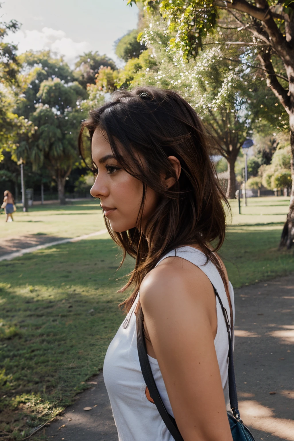 Crear una alta calidad, Imagen fotorrealista de chica con cabello ondulado paseando por el parque , mirando al espectador