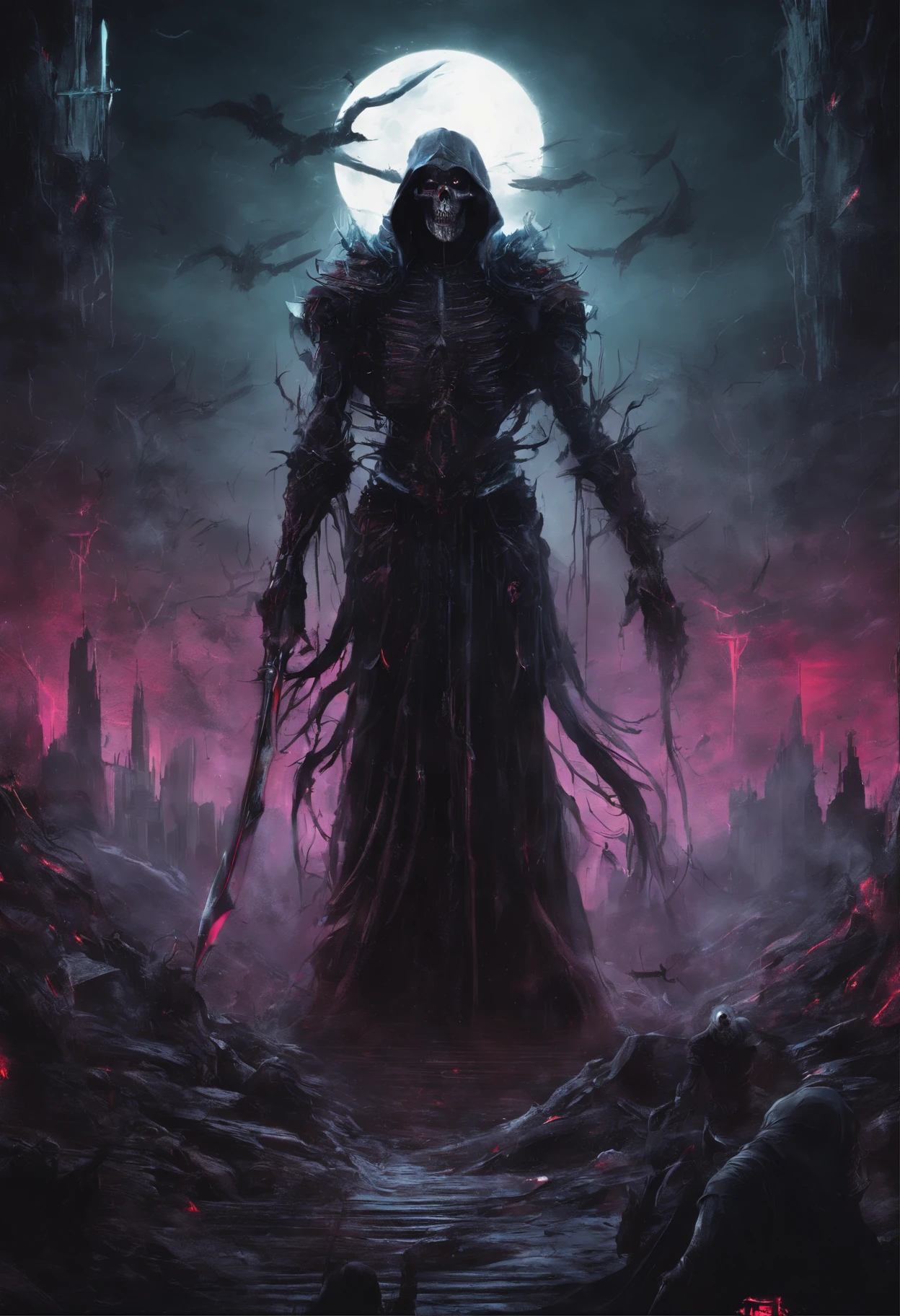 A death king, looks scary and terrifying, powerfull, In a land of death, black neon lights, high quality, high detail, 8k