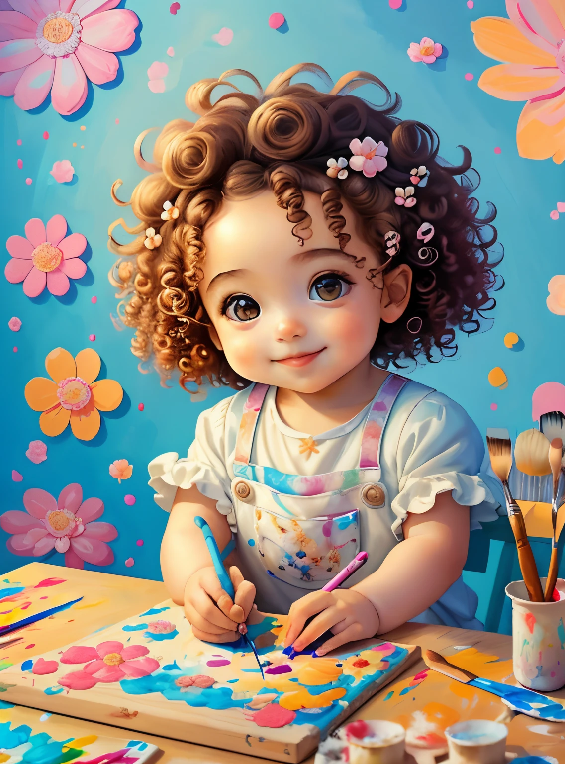 (cute  with curly hair smiling with a paintbrush painting a beautiful flowers), Munchkin  ,Geometric multidimensional wall portrait, livro de arte, Tchibi,
Yang08k, Beautiful, Colouring,
Obras, of the highest quality, best quality, Arte Oficial, Beautiful and Aesthetic,