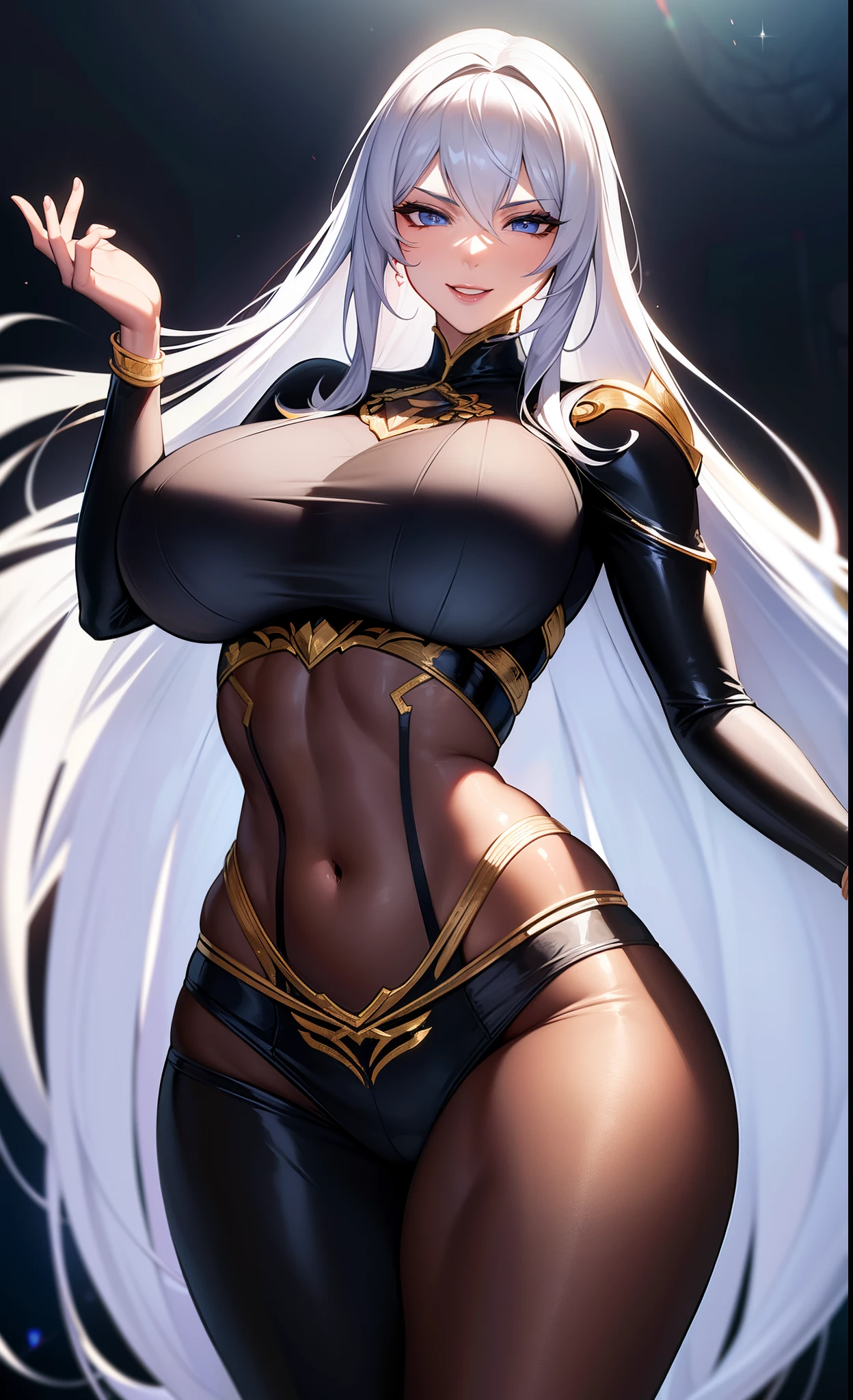 best quality, ultra high resolution, NSFW, hyper-detailed, intricately detailed, masterpiece, anime style, beautiful woman, tall ,mature, mature woman around 28, white woman milf, silver (white) hair, long hair, hair smooth, sapphire blue eyes, compassionate and adorable;, beautiful and the most beautiful woman of all, Big (huge) busts, perky breasts, thin waist, Amazon queen woman, wearing long, black blouse, fitness style, long sleeves, fitness pants oversized white with red details, perfect body, fit body, natural muscular body, defined abs, six-pack abs, modest hips, big ass, beautiful skin, ultra-oily and shiny skin, sexy and seductive Amazonian warrior queen Woman with love happiness for the spectator, imposing sexy, Beautiful face with kindness and compassion, beautiful happy face with a caring look and a joyful smile full of love, kindness and compassion, Standing in a lush and mysterious daytime RPG fantasy dungeon, Sol highlights her body , fantasy, Looking at the viewer with a happy look and loving smile at the viewer, cowboy photo, portrait, Alone, Alone, ung man, looking at the camera with a happy and loving smile at the viewer, detailed body, detailed hair , detailed face, ready for a fight to protect you, She loves you more than anything, she will fight for you