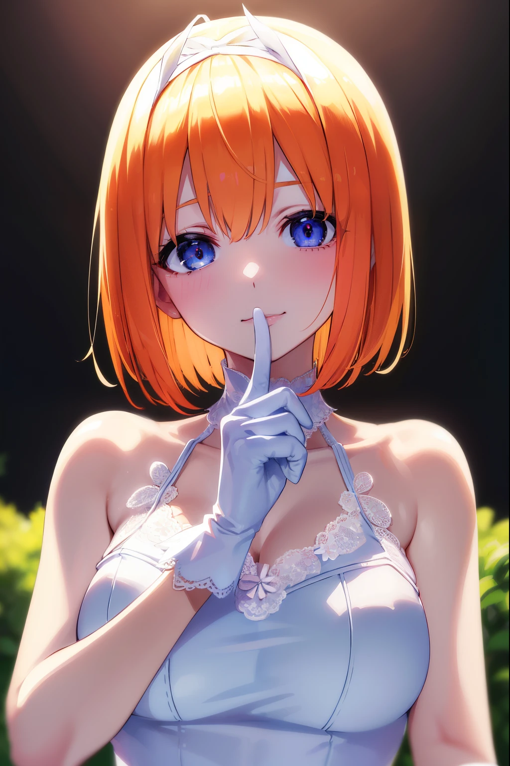 yotsubanakano, Yotsuba Nakano, Bangs, Short hair, Blue eyes, hair between eye, Orange hair, The best smile, Bow, green bow, (white one piece:1.3), with frills, (Lace gloves:1.3), (White corolla:1.3), Ortraat, (put index finger on mouth:1.1), Wedding Hall Garden, BREAK (masutepiece:1.2), Best Quality, High resolution, Unity 8k壁纸, (Illustration:0.8), (Beautiful detailed eyes:1.6), extra detailed face, Perfect Lighting, extremely details CG, (Perfect hands, Perfect Anatomy), Reddening cheeks, Open your mouth, blush, Smile