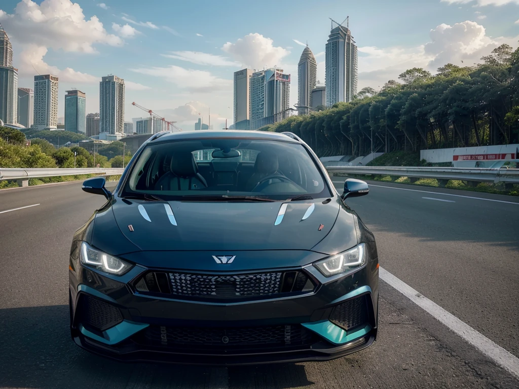 (Best quality, 8k, Masterpiece :1.2), hyper realistic, at a mountain, an detailed new modern metalic blue Proton MPV with (stripe colour black,white,red,green), Plat number "FAZROY", on the highway, (Facing the audience), The blue Kuala Lumpur skyscraper in the background, at daylight.
