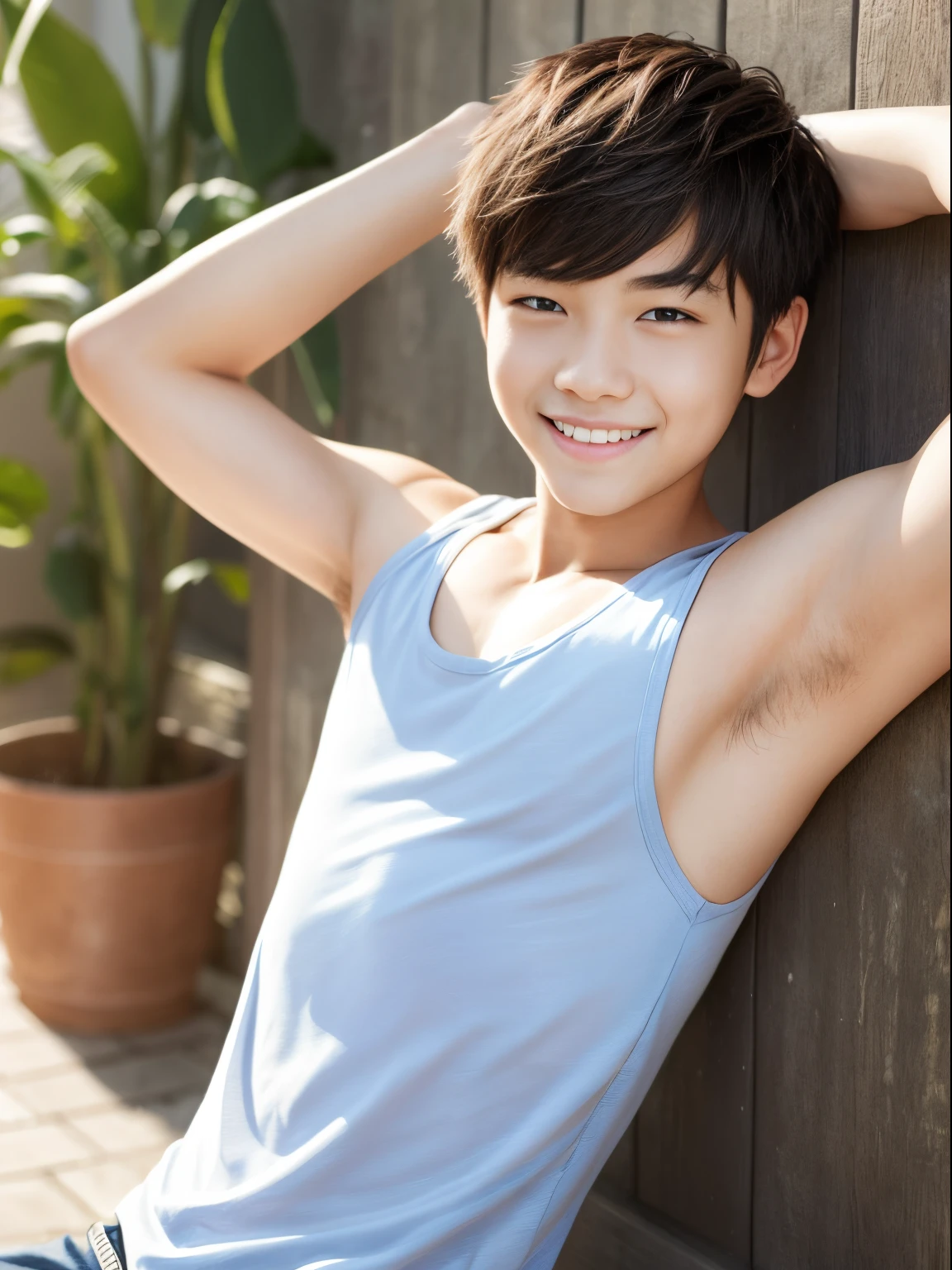 Realistic, detailed drawing, 15-year-old boy, smiling, Sunny day, Tank top, korean boy, Slim body, Show armpit, Seen from the side, Upper body. Time passes too fast. Masterpiece.
