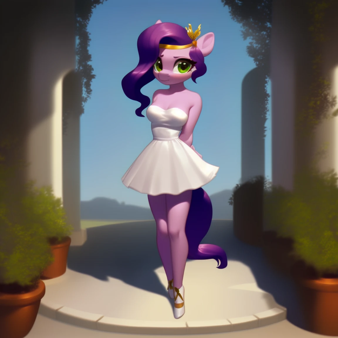 (score_9), (source_pony), (solo), (pegasus), ((anthro pipp petals :1.1)), (strapless dress, sexy, nervous, long hair, anatomically correct, night garden, standing near fountain, medium breasts, full body, anime art style, solo, light purple fur, green eyes, arms behind back,