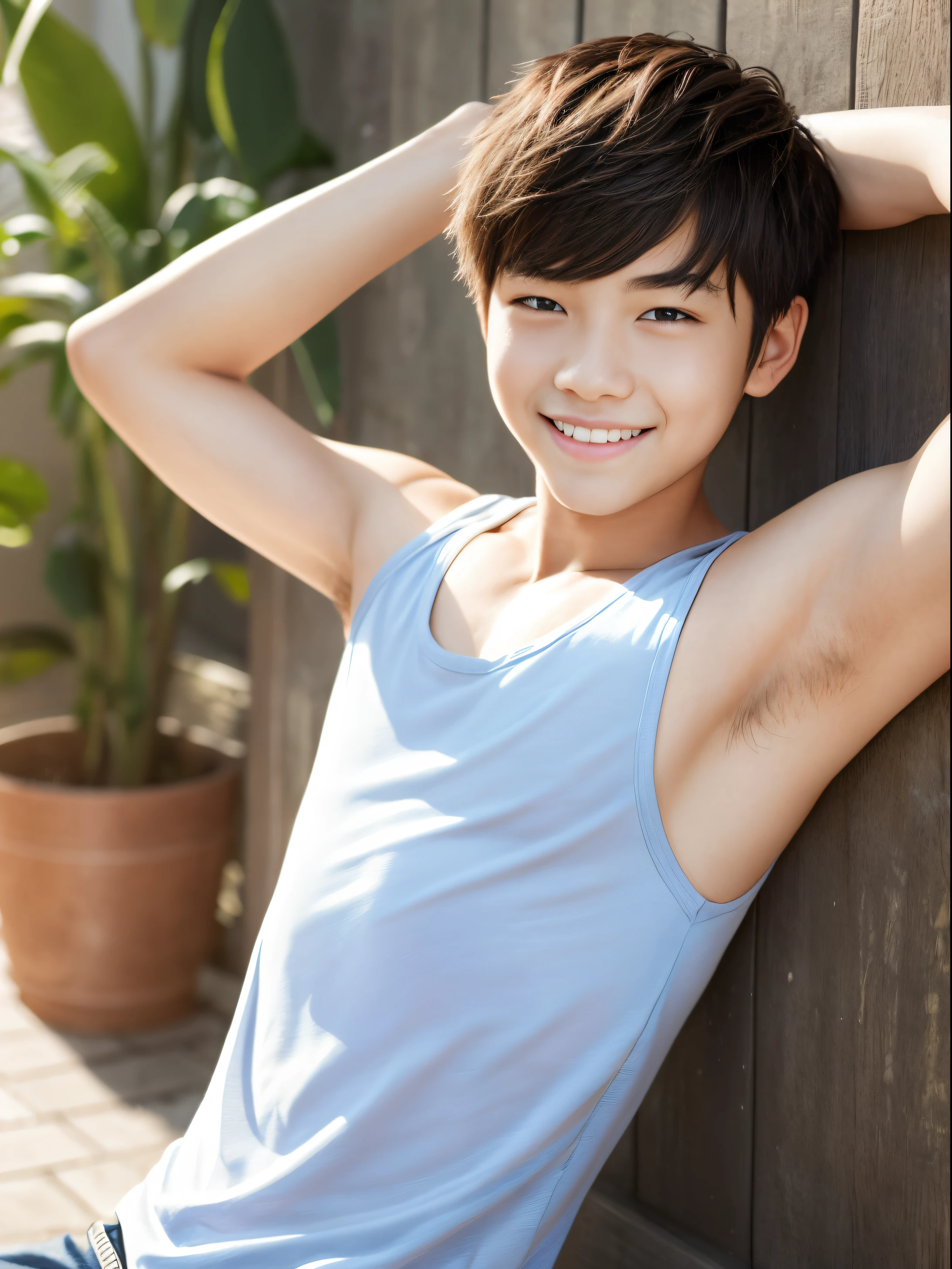 One boy, high school student, fair skin, beautiful abs, galand, armpit hair, smiling, 