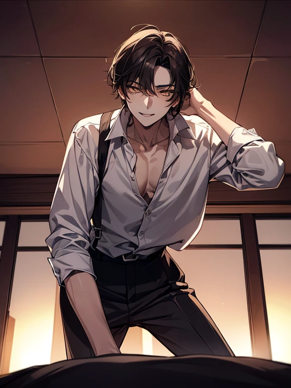 (1 Boy), solo, dark hair, (white shirt), black slacks, on sheets, Long Sleeve Shirts, kneeling, seiza, cool, (sexy:1.3), Fascinating, (evil smile), seductive smile, [open mouth], {lick one's lips:1.0}, (parted lips),collarbone, (shoot from below), (from below:2), sunset,(open collar), tsurime, squinting, (A man seduces a woman), temptation, Yellow eyes, (background: on bed in bedroom), high quality, high resolution, masterpiece,