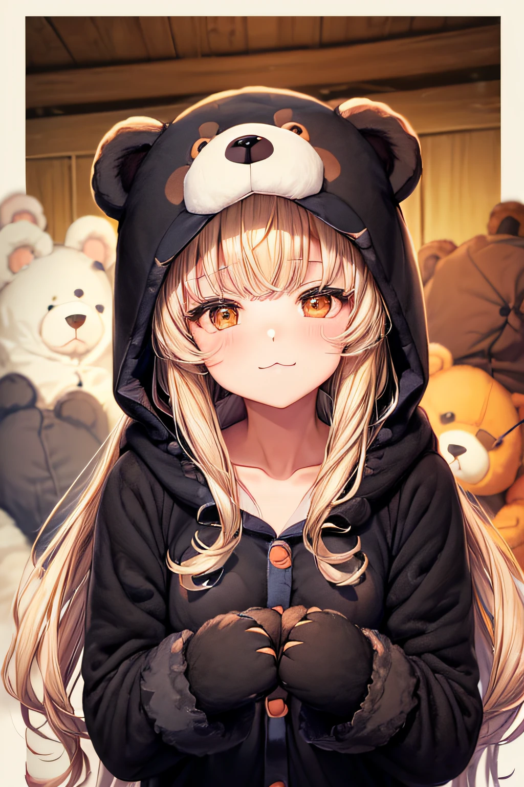 Anime girl with long blonde hair and a black hoodie with a teddy bear on it SeaArt AI