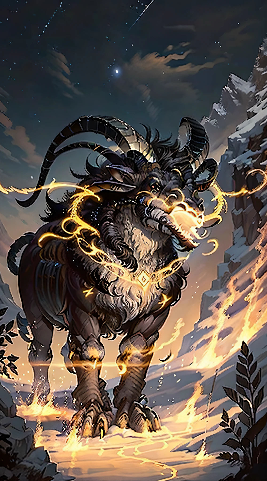 Close-up of a ram with large horns in the sky, aries fiery ram tarot, Deusa Carneiro com chifres, Chifre de Carneiro, foto de perfil pessoal, mystic sheperd, Chifre de Carneiro, Dreaming of electric sheep, unknown zodiac sign, astral appearance, Beeple e Jeremias Ketner, constellation, Constellation of Aries, carneiro de batalha, electric sheep, Mastodonte, sheep skull