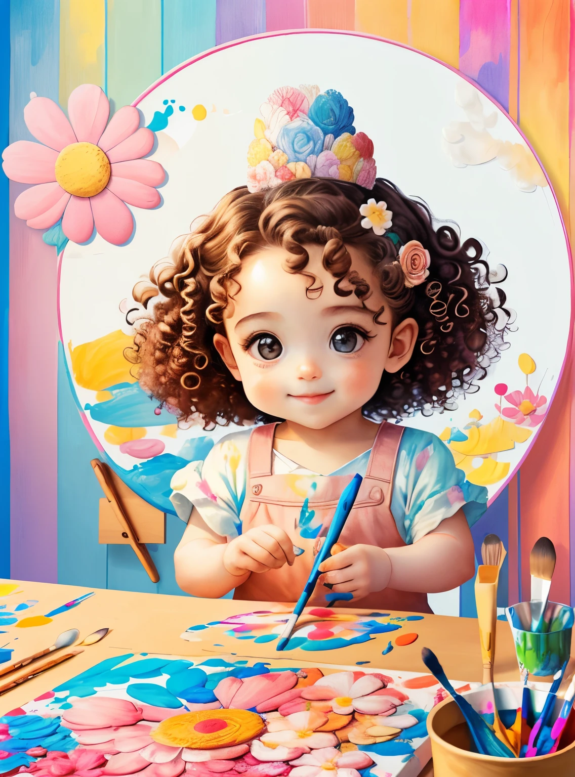 (cute  with curly hair smiling with a paintbrush painting a beautiful flowers), Munchkin ,Geometric multidimensional wall portrait, livro de arte, Tchibi,
Yang08k, Beautiful, Colouring,
Obras, of the highest quality, best quality, Arte Oficial, Beautiful and Aesthetic,