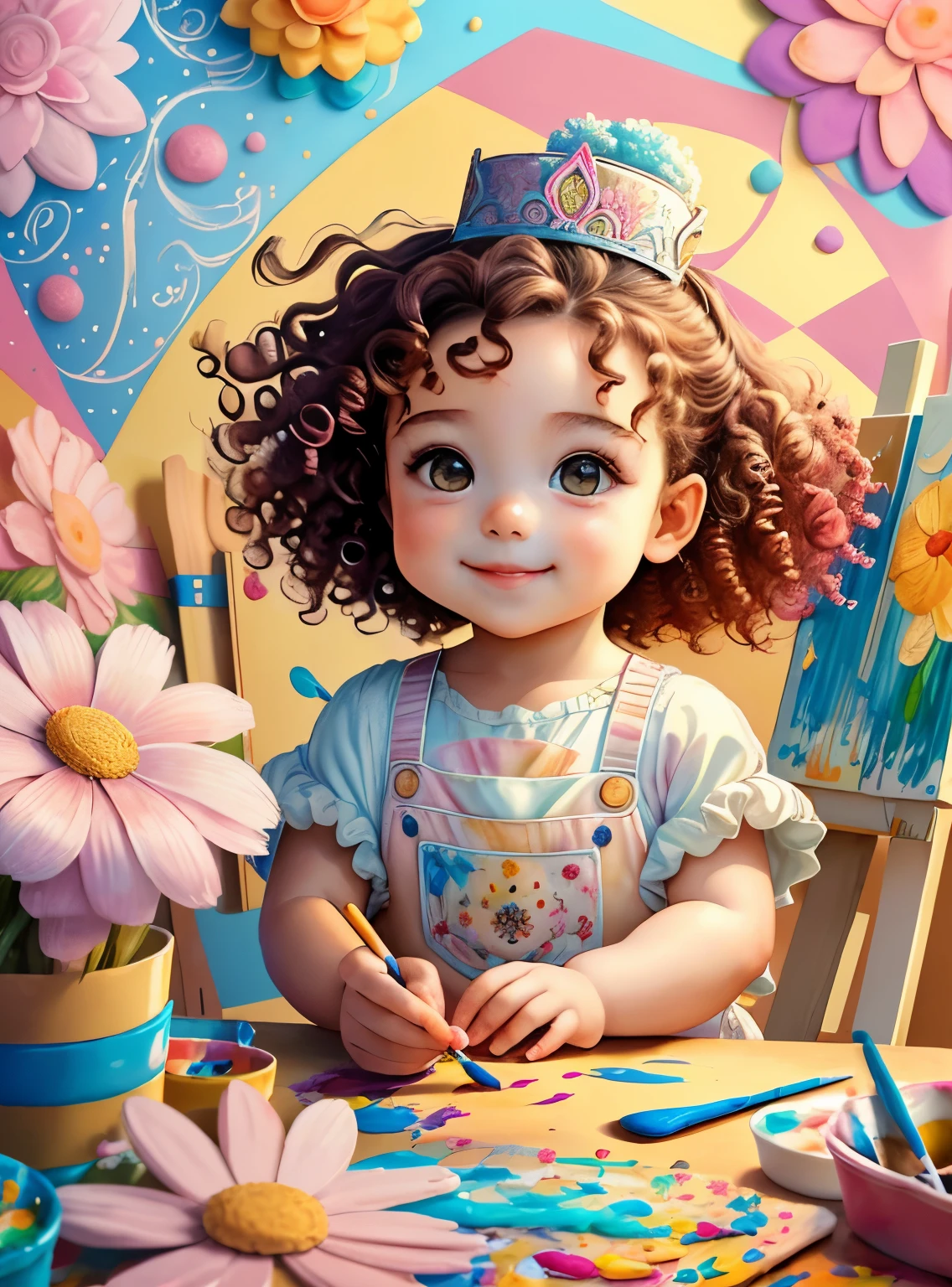(cute baby girl with curly hair smiling with a paintbrush painting a beautiful flowers), Munchkin ,Geometric multidimensional wall portrait, livro de arte, Tchibi,
Yang08k, Beautiful, Colouring,
Obras, of the highest quality, best quality, Arte Oficial, Beautiful and Aesthetic,