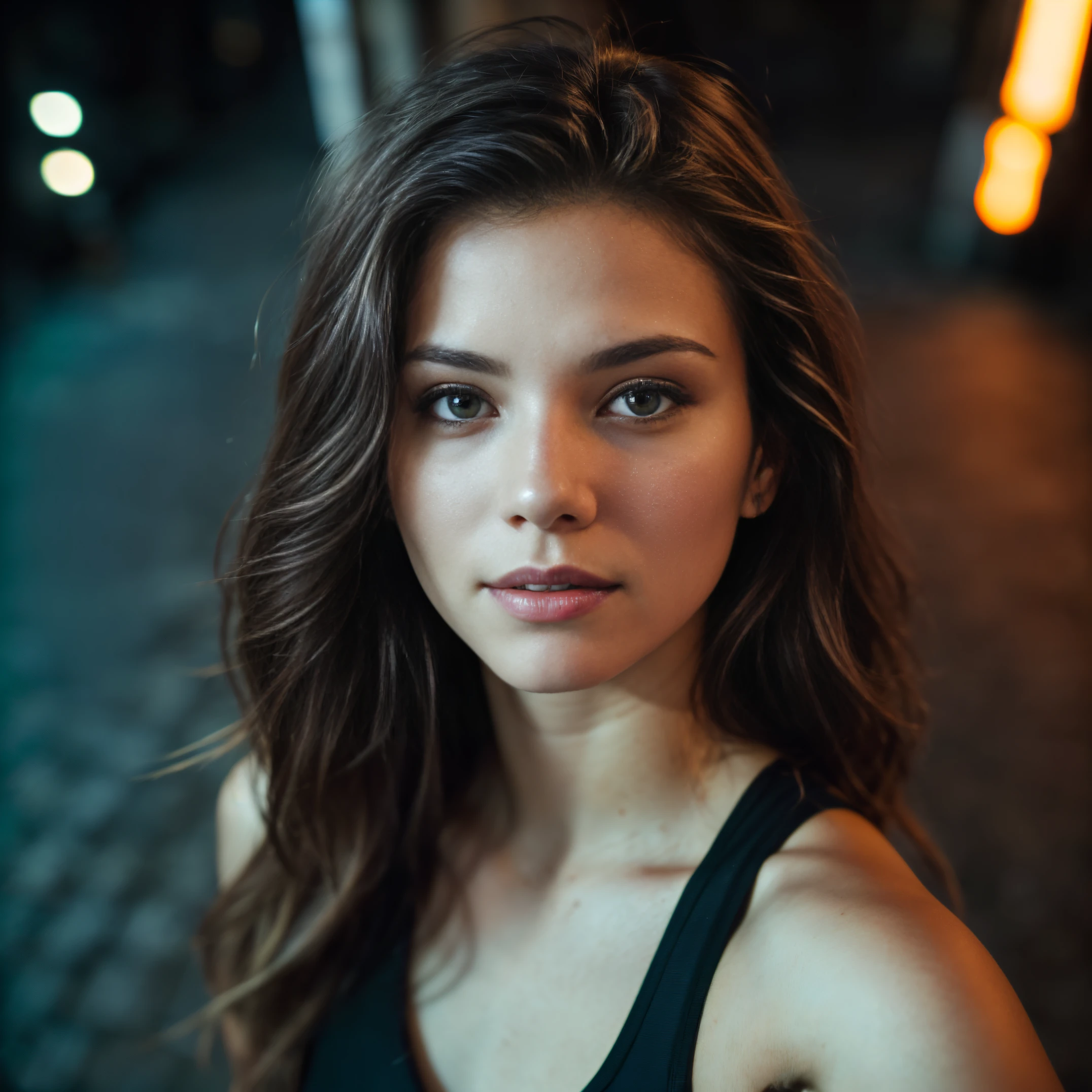 (taking selfies, overhead view: 1.4), (straight half of the torso: 1.4), Portrait photo of a 24-year-old french girl in RAW UHD format (Blue-eyed woman) Walk down the dark alley, night city, Details (textures! , Hair! , glistering, Color!! , imperfections: 1.1), highly detailed glossy eyes (looking at the camera), DSLR Lighting, SLR camera, Ultra-Quality, sharpness, Depth of field, Film grain (Downtown), Fujifilm XT3, Crystal clear, Frame Center, beatiful face, sharp-focus, street lamp, neon lighting, bokeh (dimly lit), night time, (night sky), detailed skin pores, oilly skin, suntan, Complex eye details