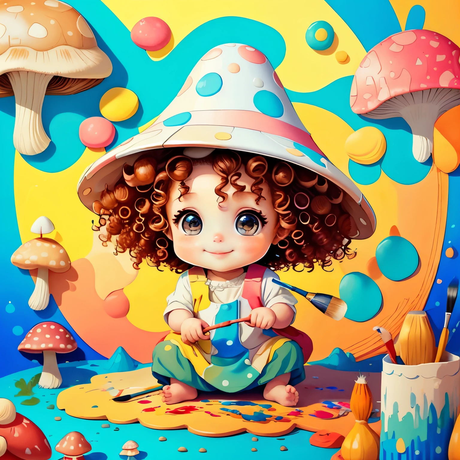 (cute baby girl with curly hair smiling with a paintbrush painting a beautiful mushroom), Munchkin ,Geometric multidimensional wall portrait, livro de arte, Tchibi,
Yang08k, Beautiful, Colouring,
Obras, of the highest quality, best quality, Arte Oficial, Beautiful and Aesthetic,