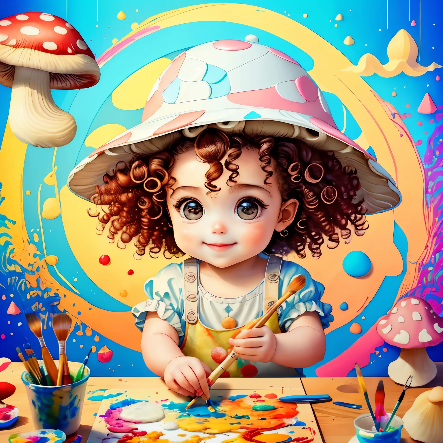 (cute with curly hair smiling with a paintbrush painting a beautiful mushroom), Munchkin ,Geometric multidimensional wall portrait, livro de arte, Tchibi,
Yang08k, Beautiful, Colouring,
Obras, of the highest quality, best quality, Arte Oficial, Beautiful and Aesthetic,