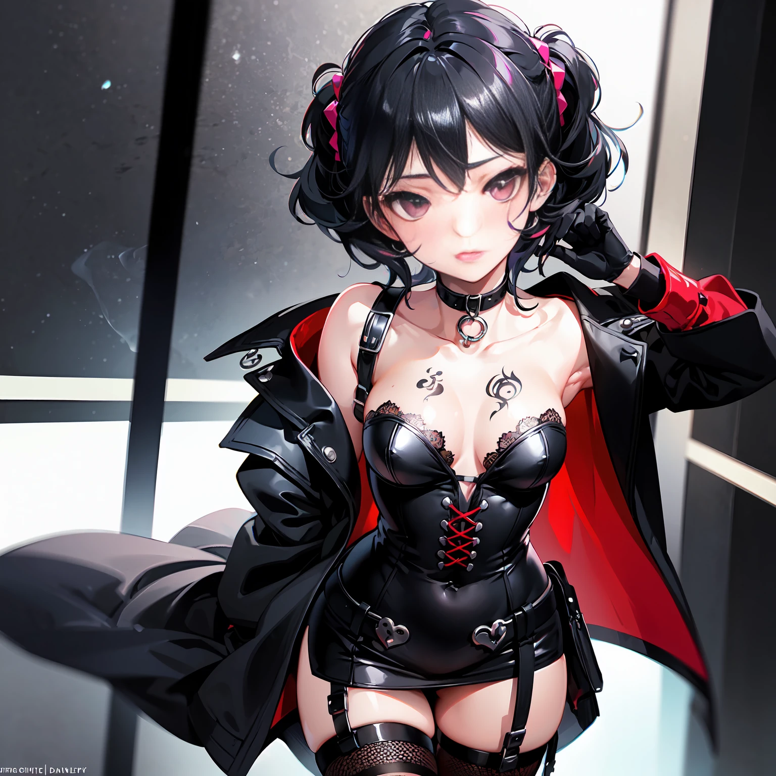 fishnets, ((solo, solo focus, solo girl,1girl))++,(nsfw evil dominatrix shadybug Marinette Dupain-Cheng)+++,low_twintails, red_hair, two tone hair, multicolored_hair, black_hair, solo, short_hair, high_heels, garter_straps, thighhighs, piercing, bare_shoulders, collar, nipple_piercing, red_eyes, thioots, corset, boots, lips, small_breasts, standing, looking_at_viewer, no_panties, gloves, makeup, garter_belt, full_body, lipstick, black_legwear, thighs, thick_thighs, parted_lips, coat, shiny, cleavage, dress, strapless, black_footwear, evil_red_eyeackground, large_breasts, areolae, shiny_skin, choker, grey_background, red_lipstick, black_gloves, blush, pubic_hair, detached_sleeves, no_bra, cumdrip, personification, high_heel_boots, black_lipstick, tattoo, elboloves, eyeshadow, bdsm, smoking, bangs, watermark, off_shoulder, strapless_dress, paris background, empty red eyes,(Realistic:1.2), (Masterpiece:1.2), (full-body-shot:1),(cowboy shot:1.2), neon lighting, dark romantic lighting, (Highly detailed:1.2),(Detailed Face:1.2), Colorful, A detailed eye, (Detailed landscape:1.2), (natural lighting:1.2), near((evil fall Marinette Dupain-Cheng) by Giger ((evil fall Marinette Dupain-Cheng) by Vincent Di Fate: Aidyllery, Anamorphic Shot, ((evil fall Marinette Dupain-Cheng) of the Abyss, intricate complexity, rule of thirds, face by Artgerm and WLOP,