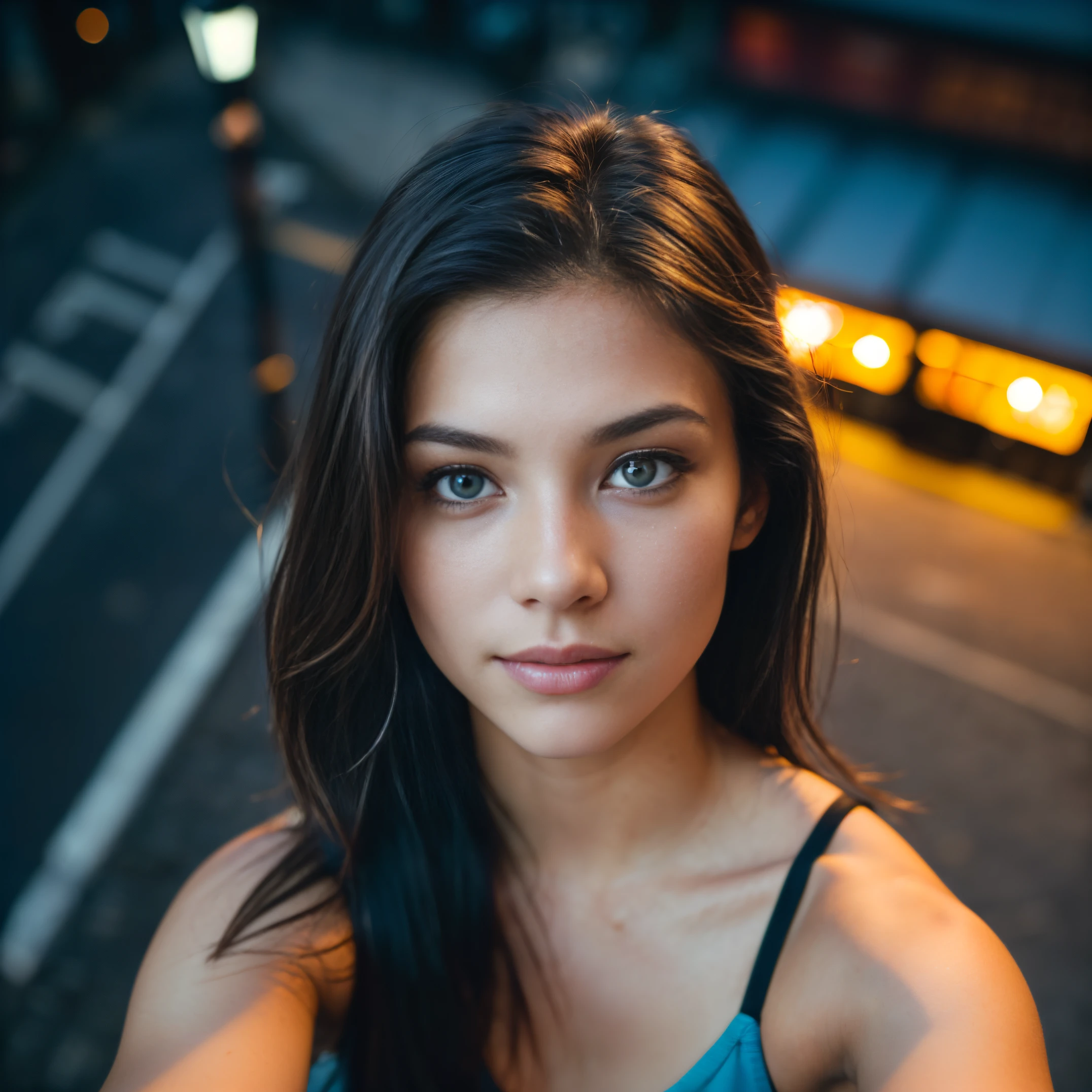 ( front view: 1.4), (straight face: 1.4), RAW UHD portrait photo of a 24-year-old (blue-eyed woman) walking down a dark alley, large breasts,, city at night, (skirt), (neckline), details (textures! , hair! , glitter, color!! , disadvantages: 1.1), glossy eyes with high detail (looking at the camera), SLR lighting, SLR camera, ultra-quality, sharpness, depth of field, film grain (center), Fujifilm XT3, crystal clear, frame center, beautiful face, sharp focus, street lamp, neon lighting, bokeh (dimly lit), night, (night sky), detailed skin pores, oily skin, sunburn, complex eye details, full body, large breasts, ultra clear, clearshot of face