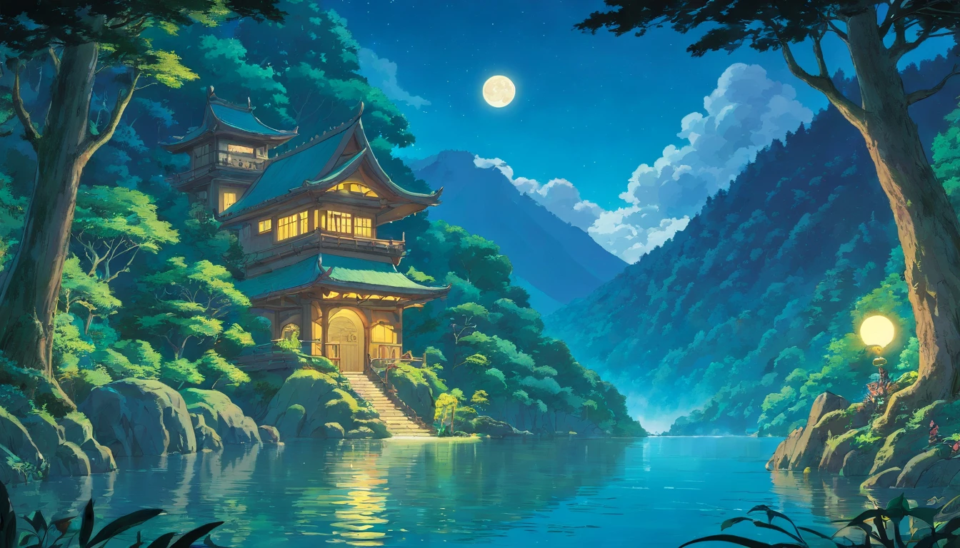 deep forest, ((dragon bathing)), moonlight, lake