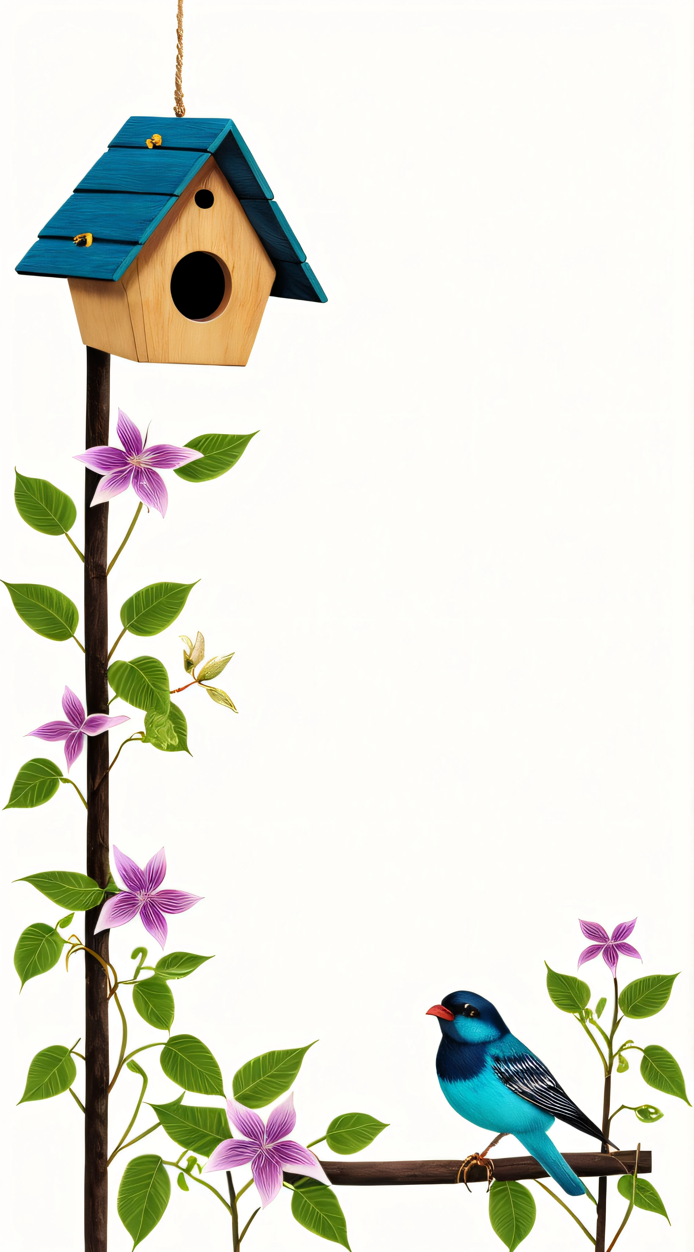 a closeup of a birdhouse with a bird on top, para caratula de A4, borde de marco blanco, frontera, !!Beautiful!!, An illustration, borde decorativo, calligraphy border, hermoso", Beautiful illustration, Beautiful!!, clematis design, bordeu y centro de contorno blanco, intricate border designs, vignette illustration