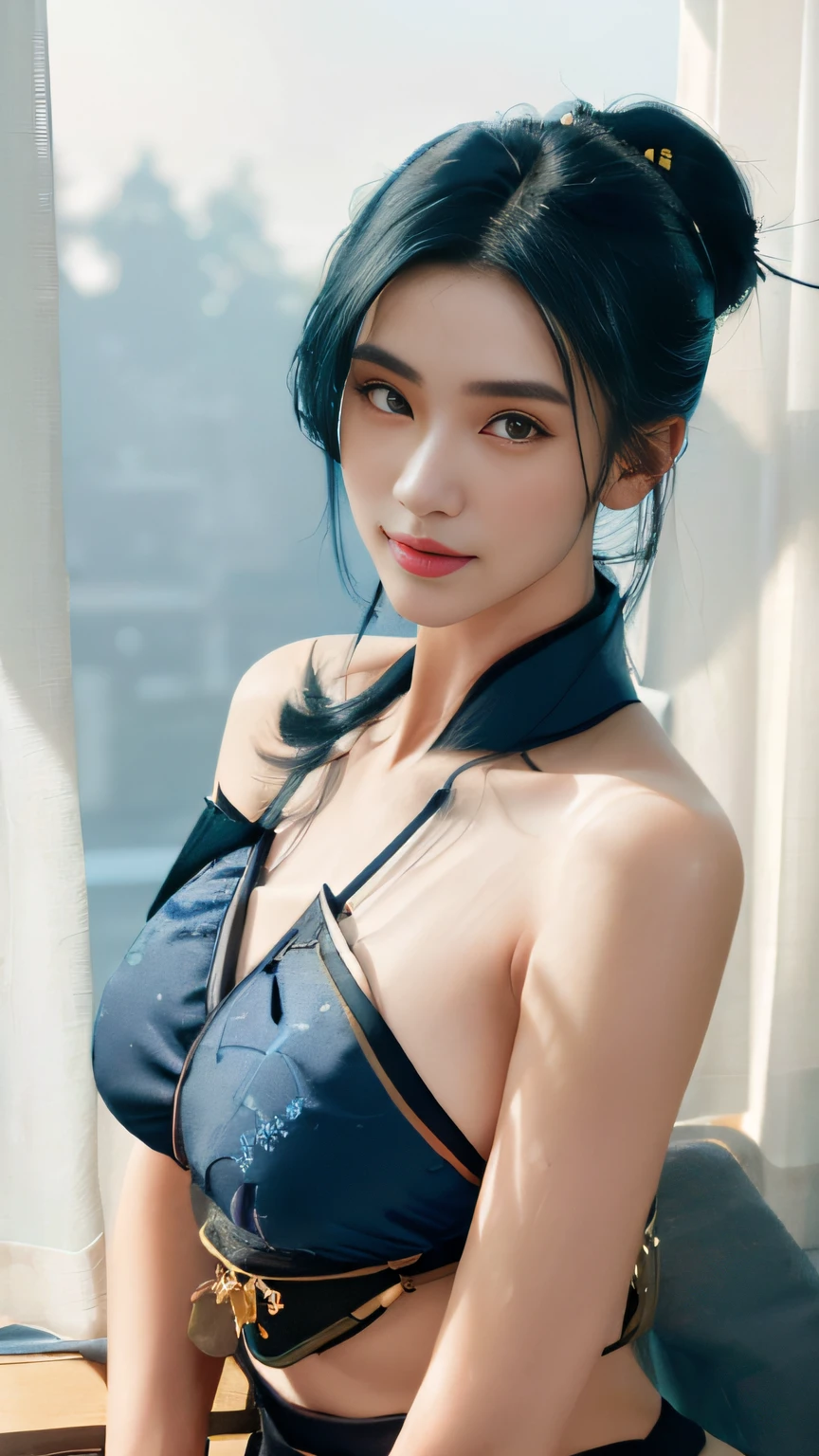 (best quality, masterpiece, perfect face, detailed simmetric eyes), Dark Blue hair, 20 years old european girl, smile flirting with POV, in traditional japanese gold&black kimono, (sexy pose :1.2) ultra detailed kimono textures, high contrast, (natural skin texture, hyperrealism, soft light, sharp), night, kyoto, fireworkop fade:1.3), dark theme, soothing tones, muted colors, high contrast, (natural skin texture, hyperrealism, soft light, sharp), HDR, dramatic lights, (sexy :1.2), (charming :1.2) ,(random view :1.2) high contrast, photorealistic digital art trending on Artstation 8k HD high definition detailed realistic, detailed, skin texture, hyperdetailed, realistic skin texture, armor, best quality, ultra high resolution, (big breasts: 1.4)