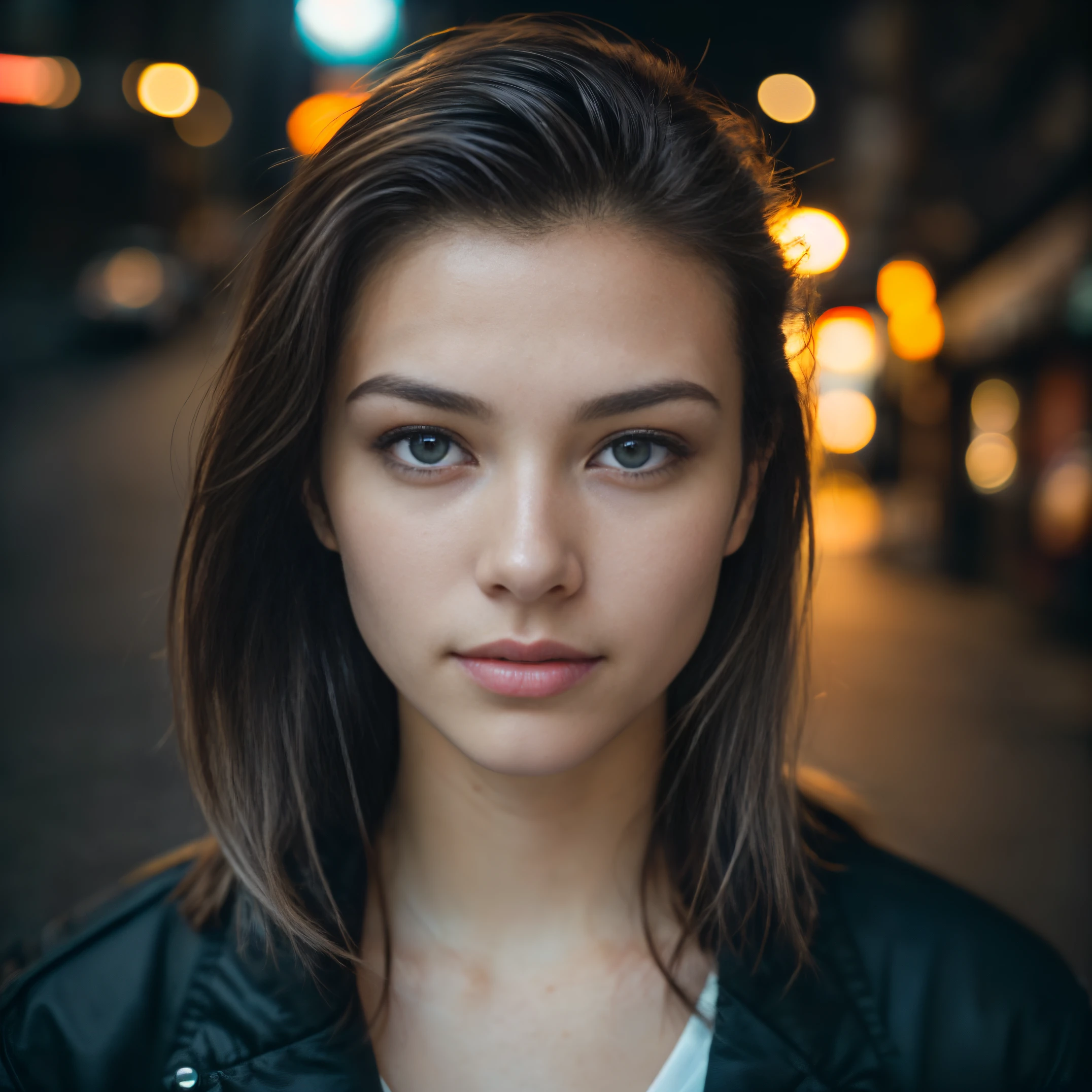 (taking selfies, overhead view: 1.4), (straight half of the torso: 1.4), Portrait photo of a 24-year-old french girl in RAW UHD format (Blue-eyed woman) Walk down the dark alley, night city, Details (textures! , Hair! , glistering, Color!! , imperfections: 1.1), highly detailed glossy eyes (looking at the camera), DSLR Lighting, SLR camera, Ultra-Quality, sharpness, Depth of field, Film grain (Downtown), Fujifilm XT3, Crystal clear, Frame Center, beatiful face, sharp-focus, street lamp, neon lighting, bokeh (dimly lit), night time, (night  sky), detailed skin pores, oilly skin, suntan, Complex eye details