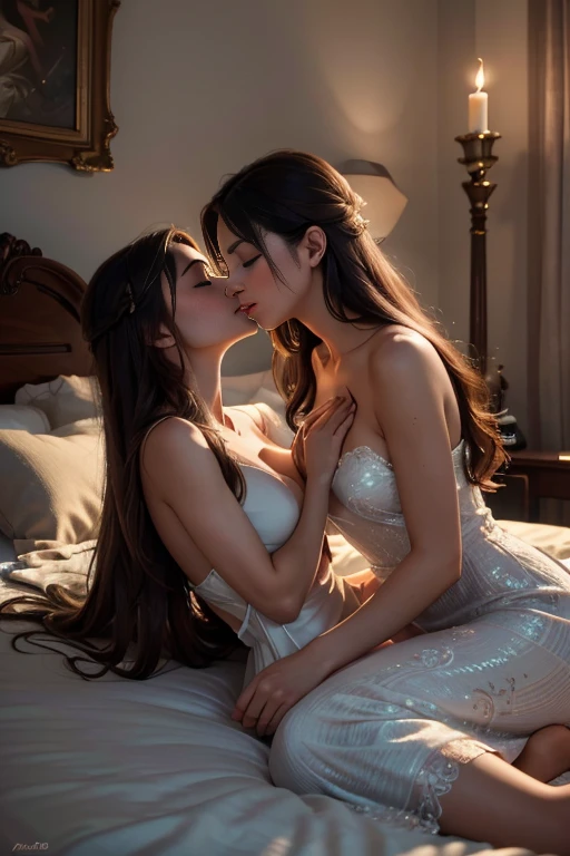 (best quality, 4k, highres, masterpiece:1.2), ultra-detailed, realistic:1.37, romantic composition, vibrant colors, soft lighting, dreamy atmosphere, intimate moment, flowing dresses, long flowing hair, closed eyes, tender touch, gentle whispers, delicate features, comfortable bed, cozy environment, flickering candlelight, subtle shadows, tranquil ambiance, passionate embrace, capturing the essence of love, ethereal beauty, emotional connection, in the realm of dreams, evoking a sense of desire, enchanting scenery