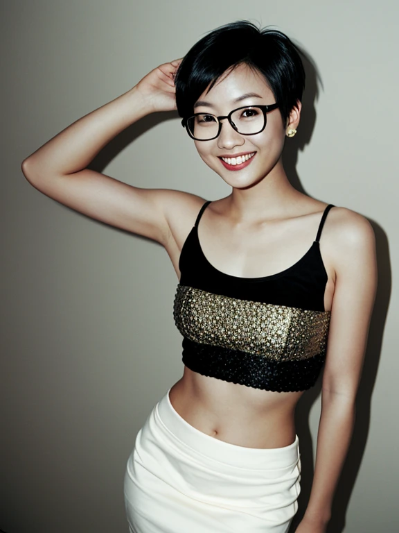 asian, glasses, topless, pencil skirt, smile, sexy pose, short hair