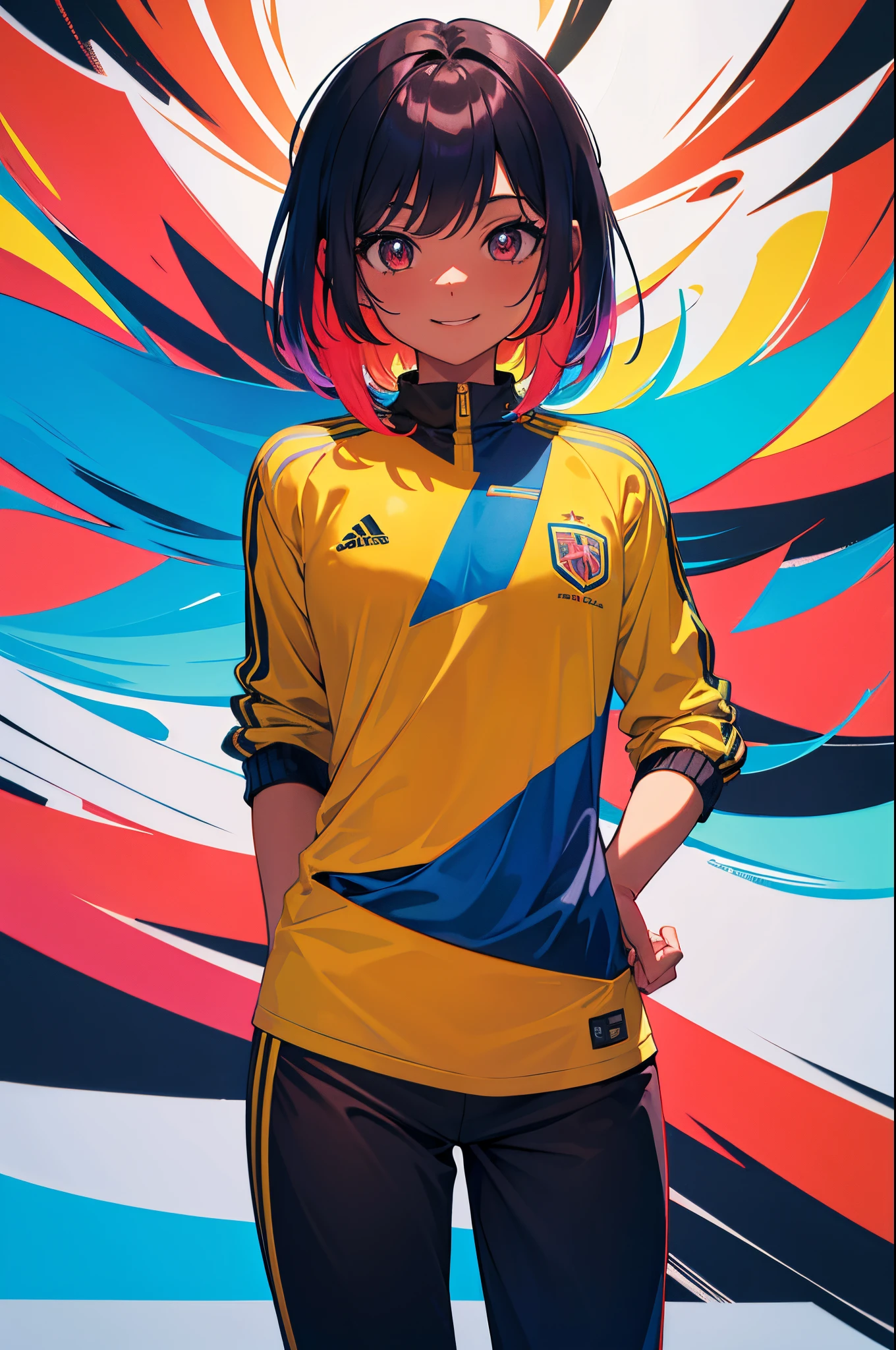 (highres:1.2),solo,girl,smiling,back turned to the viewer,Slacks,sporty clothing,soccer field,diamond,multicolored hair,multicolored eyes