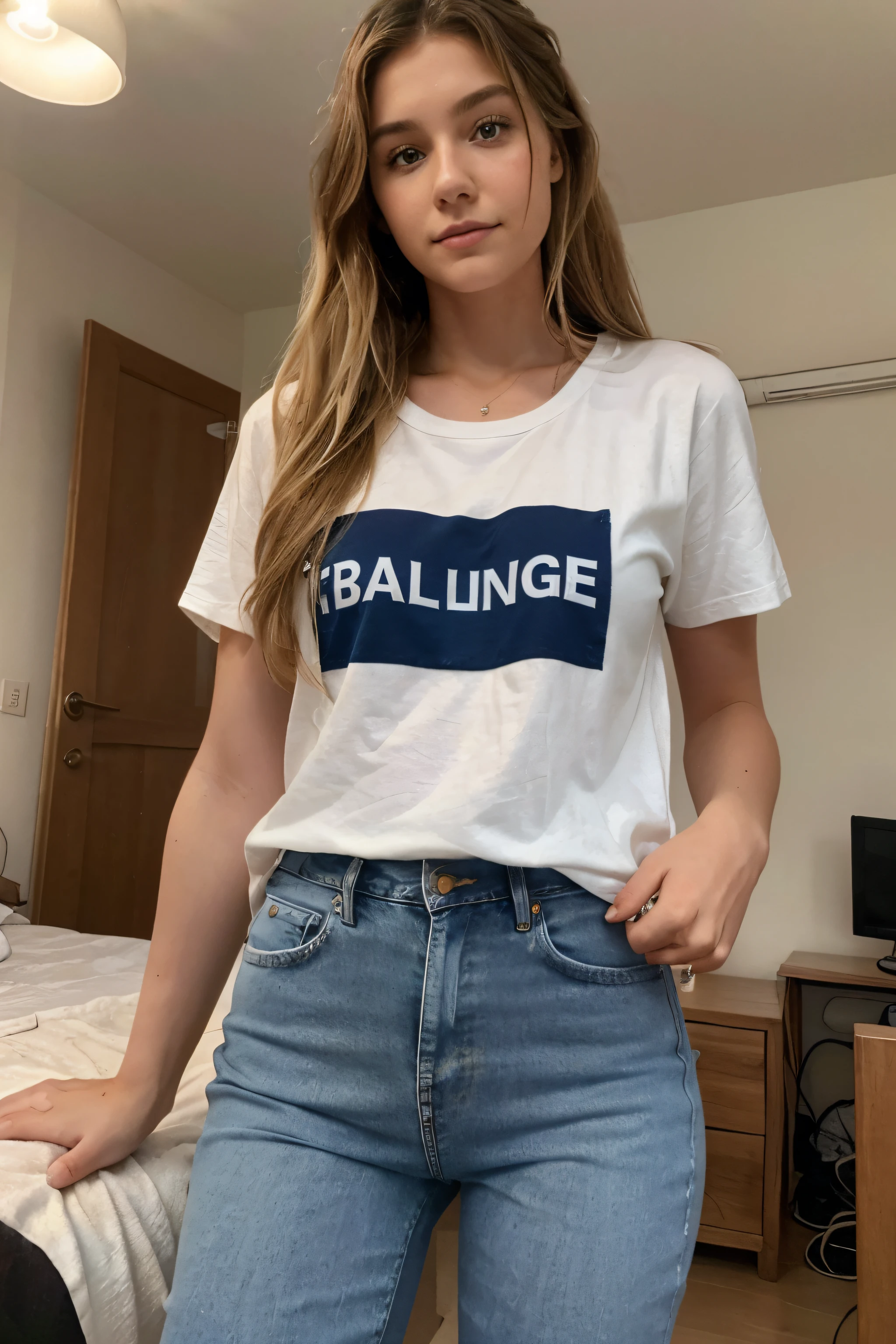 selfie photo of 25 years old cute woman with darkblonde wavy hair she is 164 cm height 50kg weight woman, 25 years old woman, 25 years old woman, bikini model, flat chested, blue casual jeans and white casual tshirt, beach , bikini