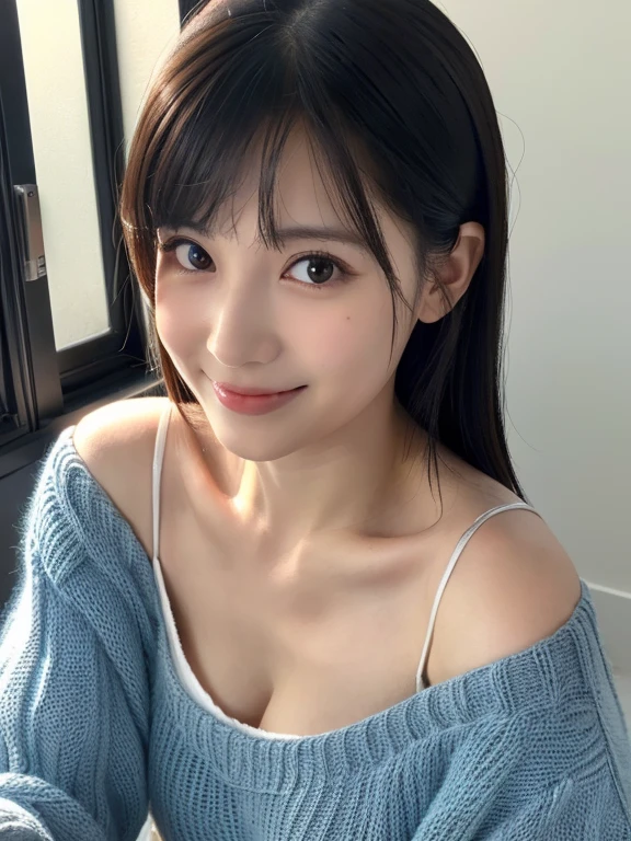 ((Ultra-high resolution)),8K,************、Leaning forward to reveal cleavage、Small breasts、Flat Chest、Small breasts, , ponytail,  Blue mini skirt, Navy blue Y-shirt、Small breasts cleavage 2:1,Idol Sculpture, Wet, smile、Pink wall、sexy、slender、Well-shaped small breasts、I can see your thighs、