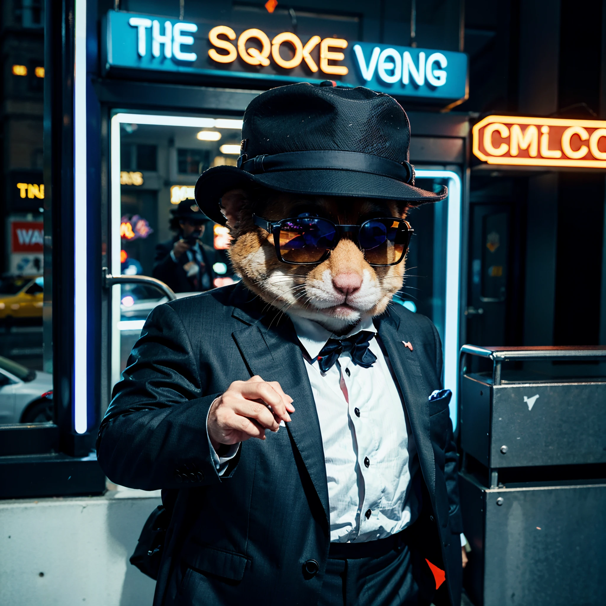 A hamster wearing a suit and smoking a cigarette, wearing a hat and sunglasses, in New York, neon lights, high quality, high detail, 8k