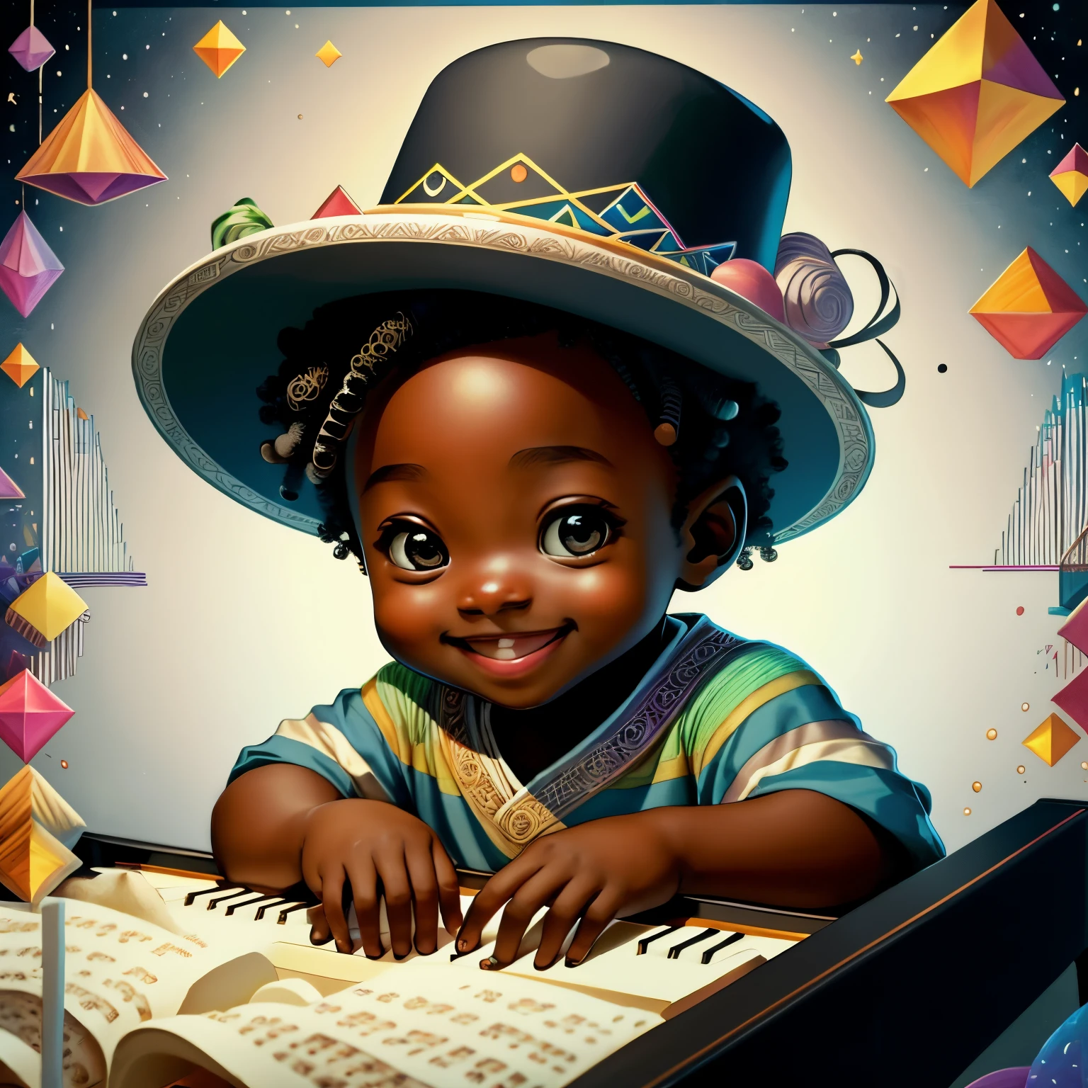 (cute black  smiling playing a piano wearing a hat), Munchkin ,Geometric multidimensional wall portrait, livro de arte, Tchibi,
Yang08k, Beautiful, Colouring,
Obras, of the highest quality, best quality, Arte Oficial, Beautiful and Aesthetic,