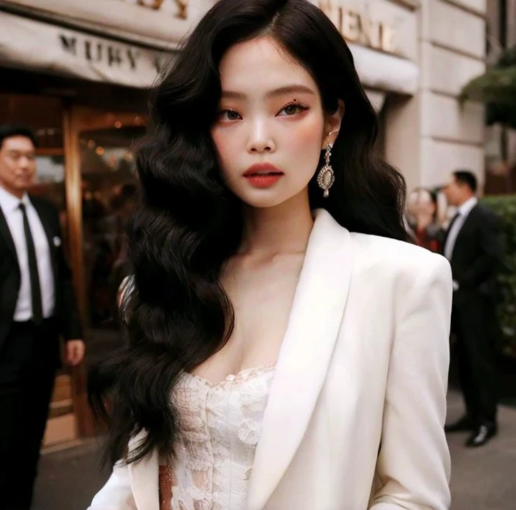 um close de uma mulher de terno branco e vestido branco, jennie blackpink, ondulado longo - comprimento cabelo preto, branco hime corte penteado, ondulado, cabelos pretos longos ondulados, com longos cabelos cacheados, her black hair is a long curly, Mulher sul-coreana bonita, cabelo preto elegante, cabelo preto ondulado, cabelos longos brancos ondulados, longos cabelos negros ondulados