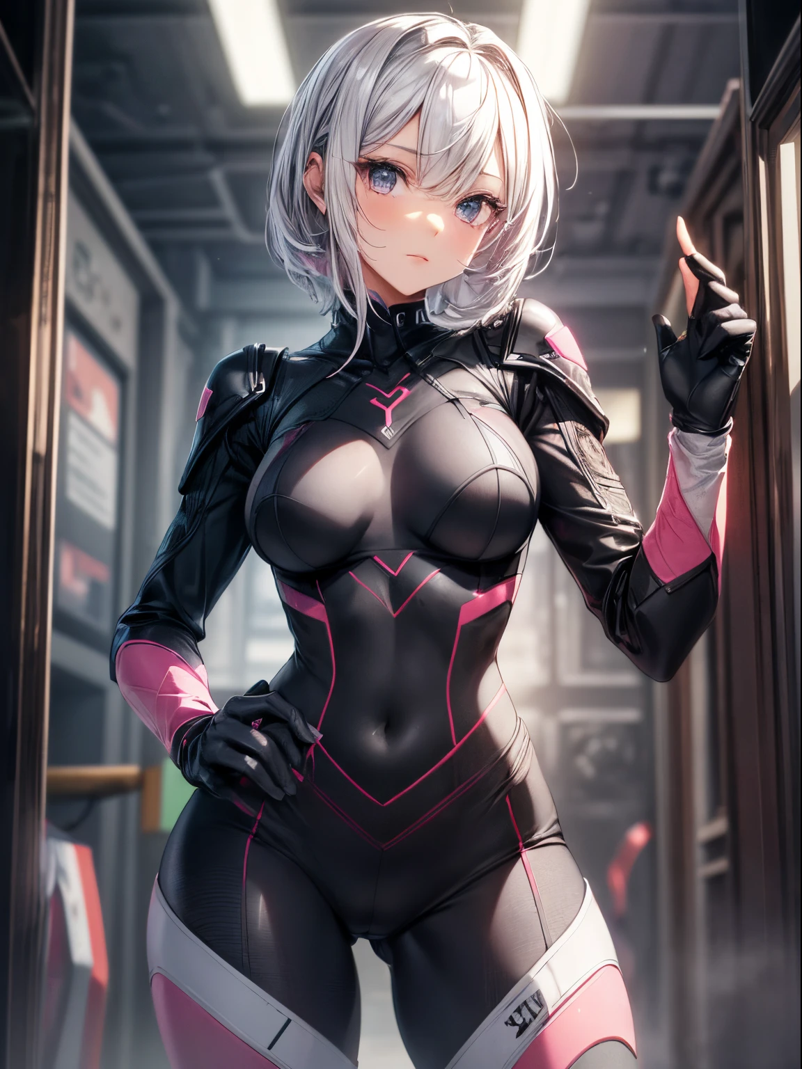 top-quality、Full limbs、complete fingers、Slender beauty、1 female、woman wearing black and pink suit, streamlined pink armor, slick pink armor, fullbodysuit, cybersuit, matte pink armor