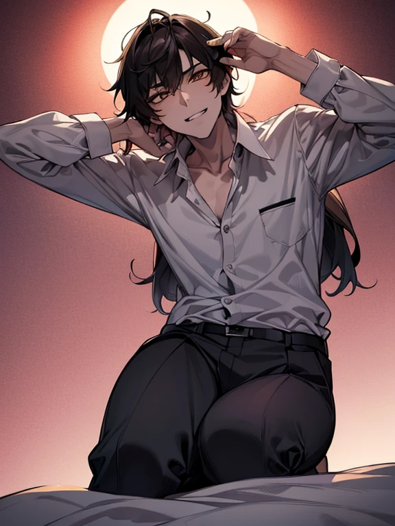 (1 Boy), solo, dark hair, (white shirt), black slacks, on sheets, Long Sleeve Shirts, kneeling, seiza, cool, (sexy:1.3), Fascinating, (evil smile), seductive smile, [open mouth], (fang), grin, {lick one's lips:1.0}, (parted lips),collarbone, (shoot from below), (from below:2), sunset,(open collar), tsurime, squinting, (A man seduces a woman), temptation, Yellow eyes, (background: on bed in bedroom), high quality, high resolution, masterpiece,